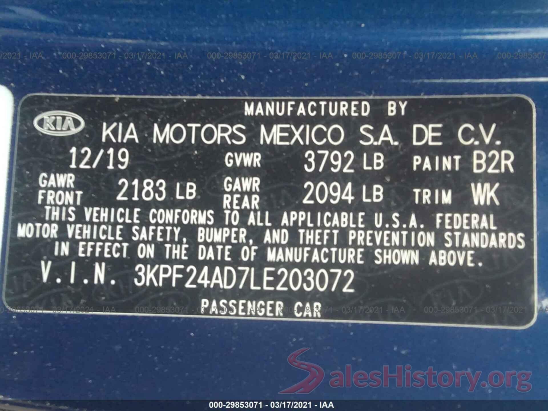 3KPF24AD7LE203072 2020 KIA FORTE