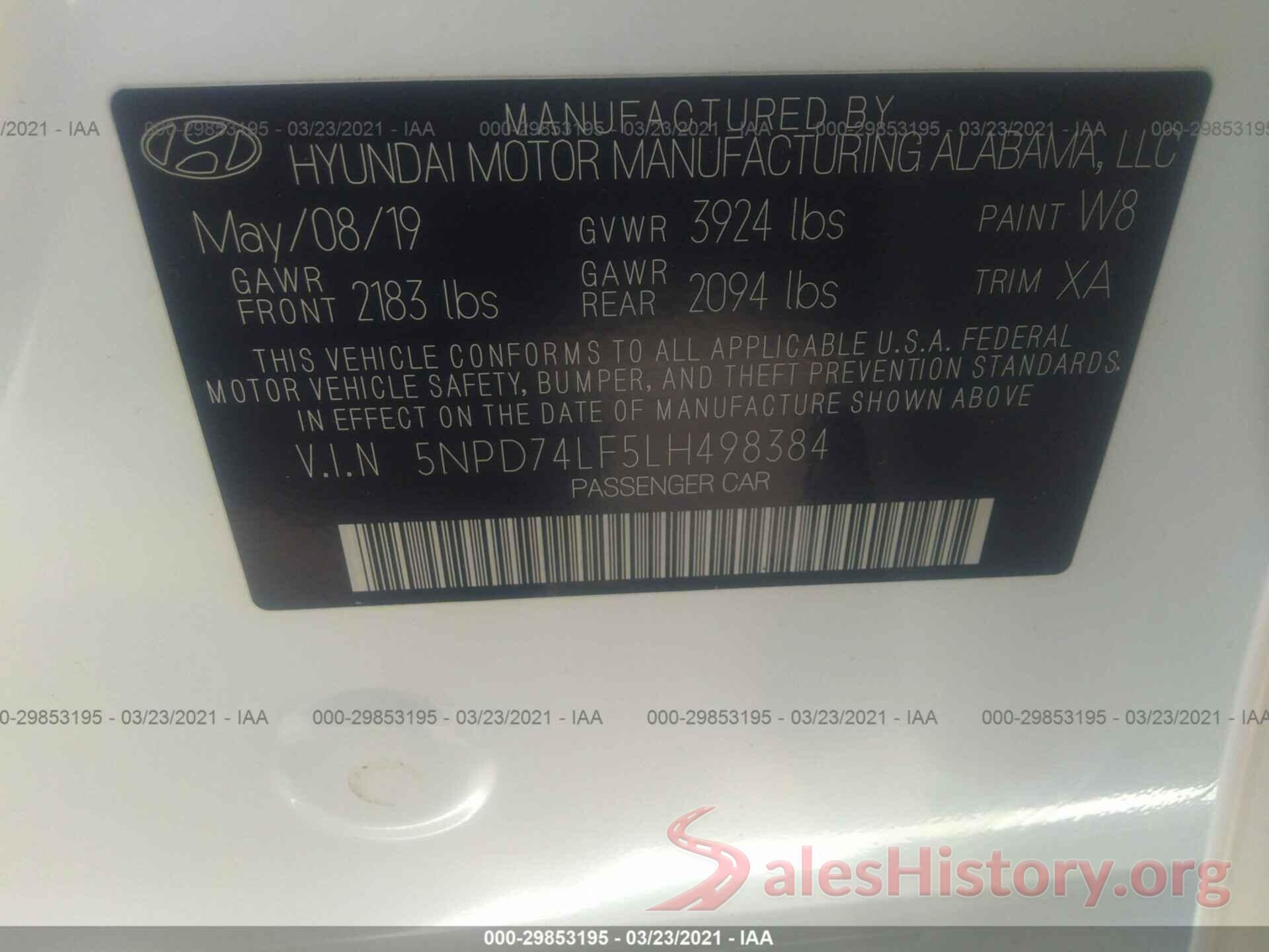 5NPD74LF5LH498384 2020 HYUNDAI ELANTRA