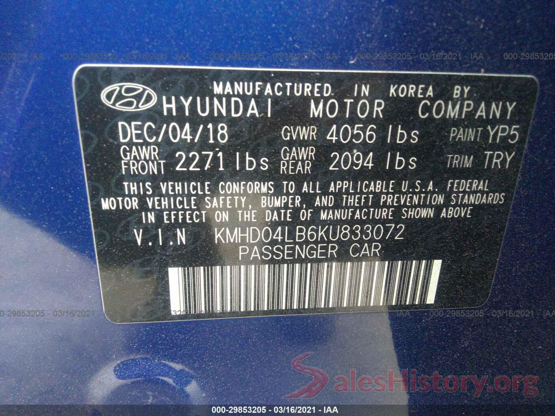 KMHD04LB6KU833072 2019 HYUNDAI ELANTRA