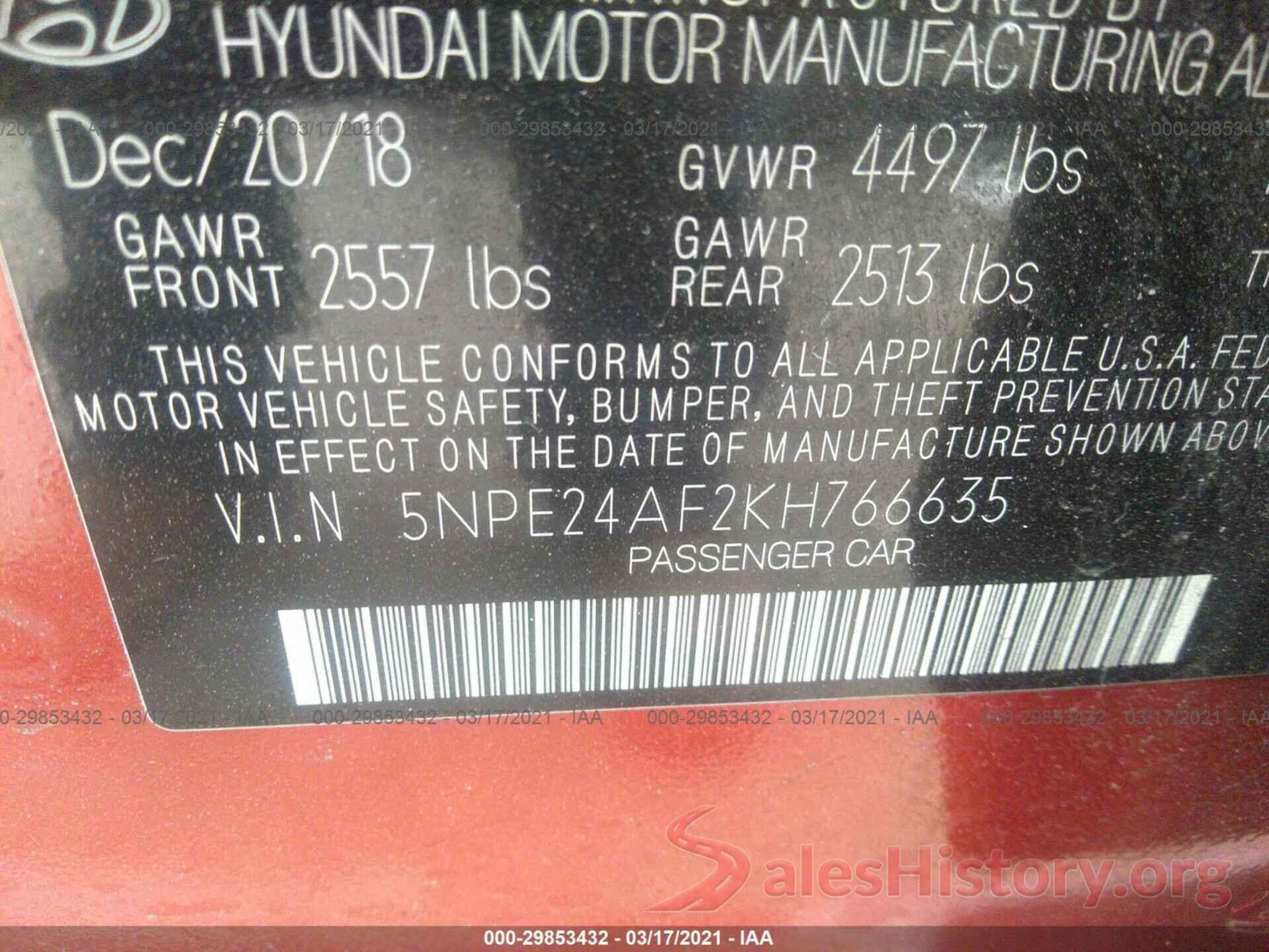 5NPE24AF2KH766635 2019 HYUNDAI SONATA