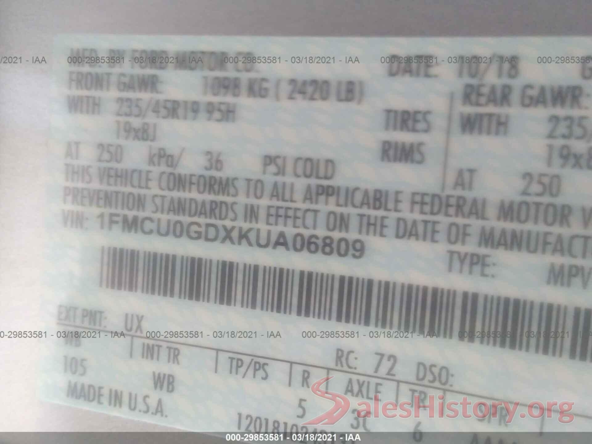 1FMCU0GDXKUA06809 2019 FORD ESCAPE