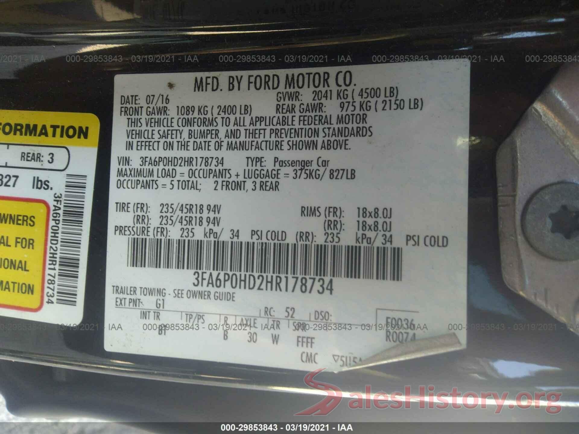 3FA6P0HD2HR178734 2017 FORD FUSION