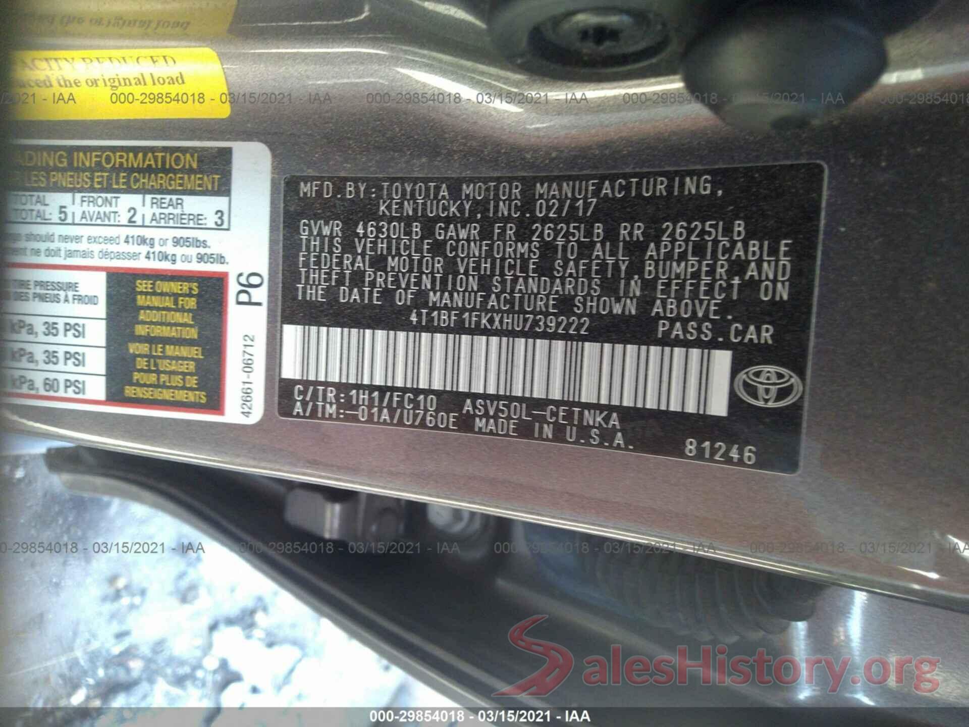 4T1BF1FKXHU739222 2017 TOYOTA CAMRY