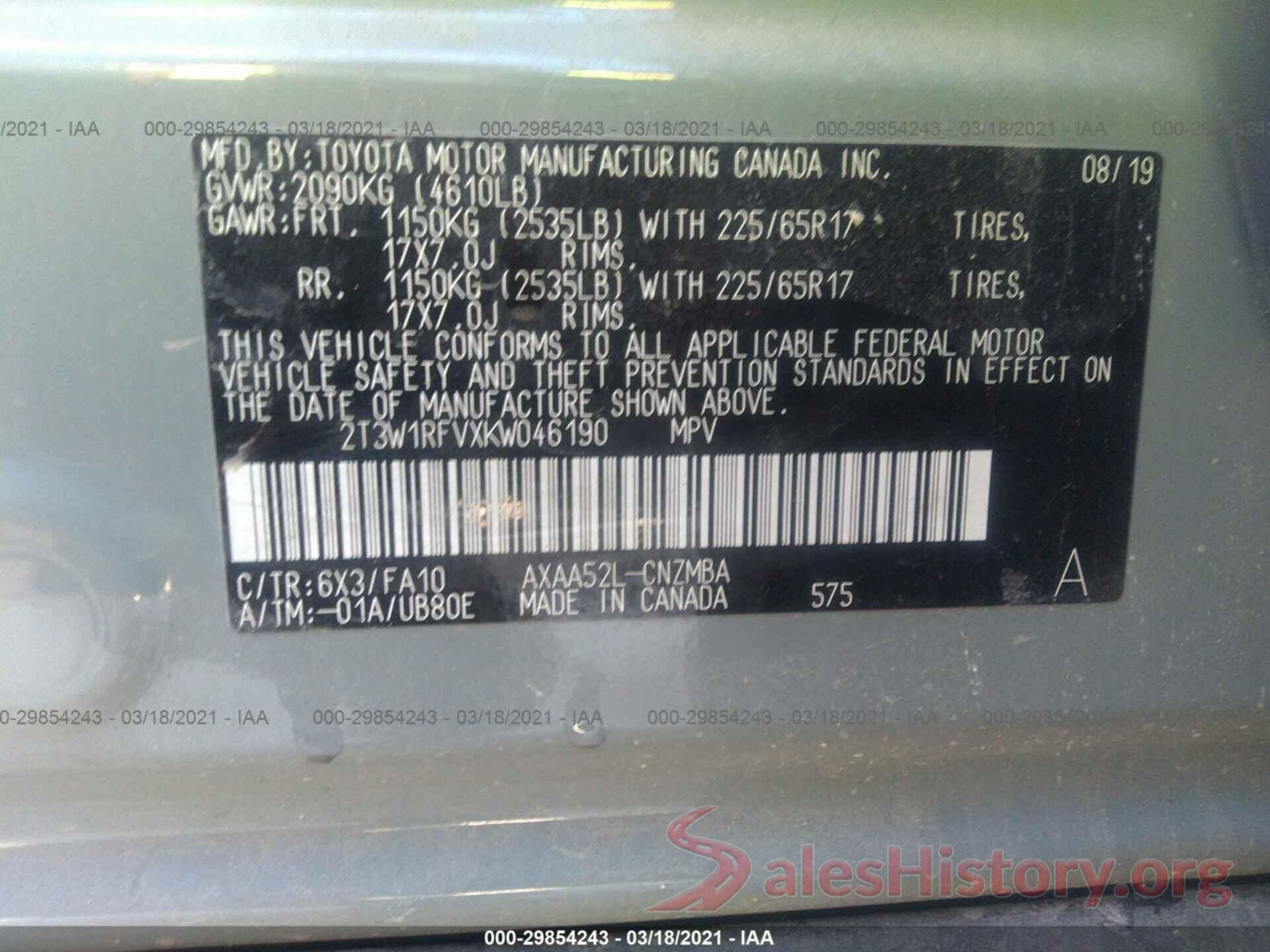 2T3W1RFVXKW046190 2019 TOYOTA RAV4