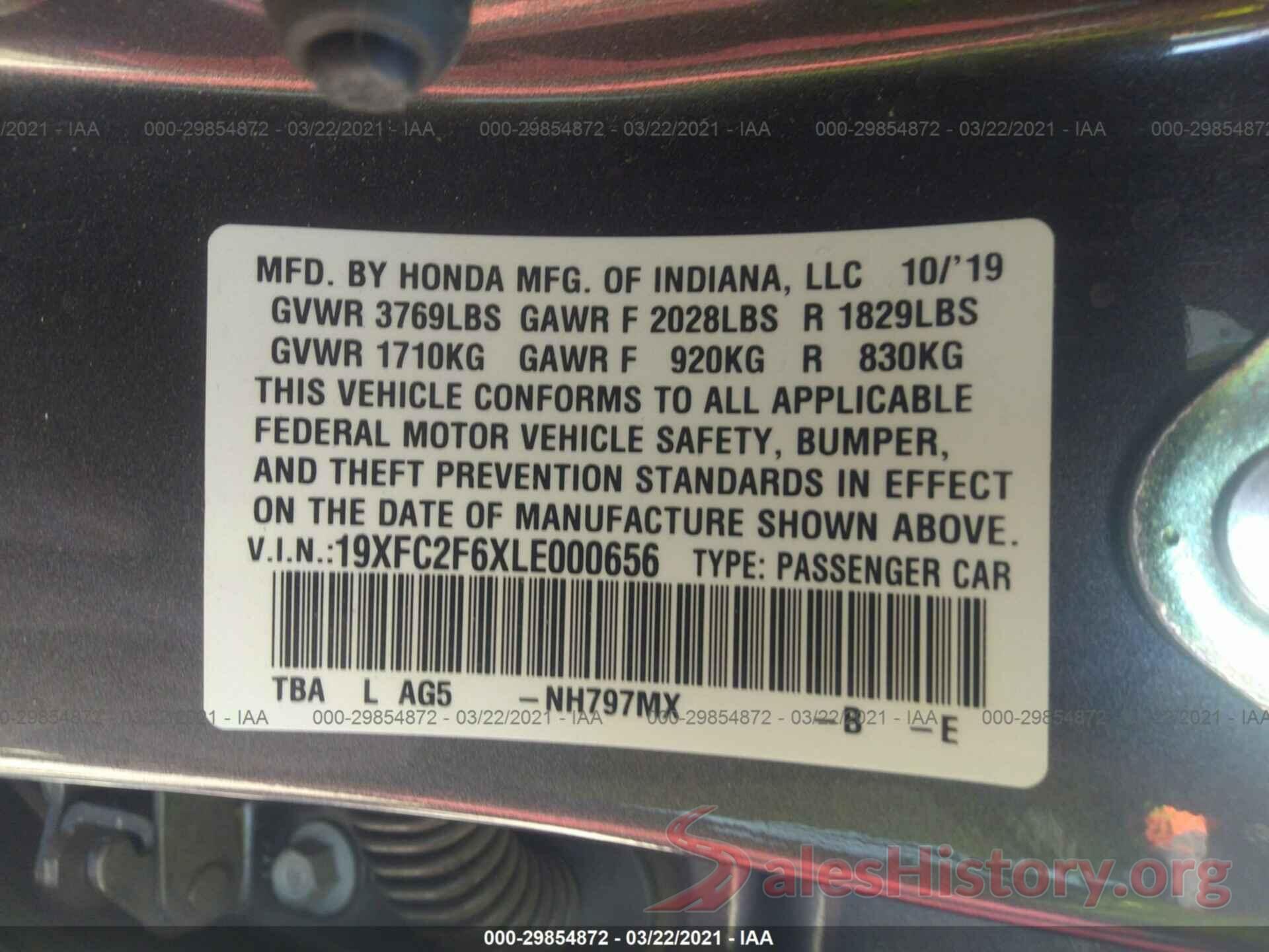 19XFC2F6XLE000656 2020 HONDA CIVIC SEDAN