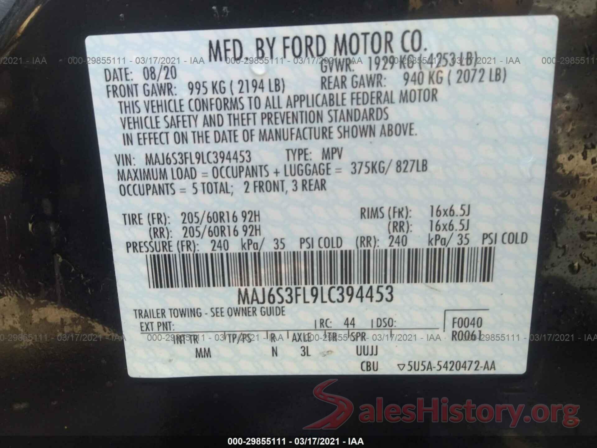 MAJ6S3FL9LC394453 2020 FORD ECOSPORT