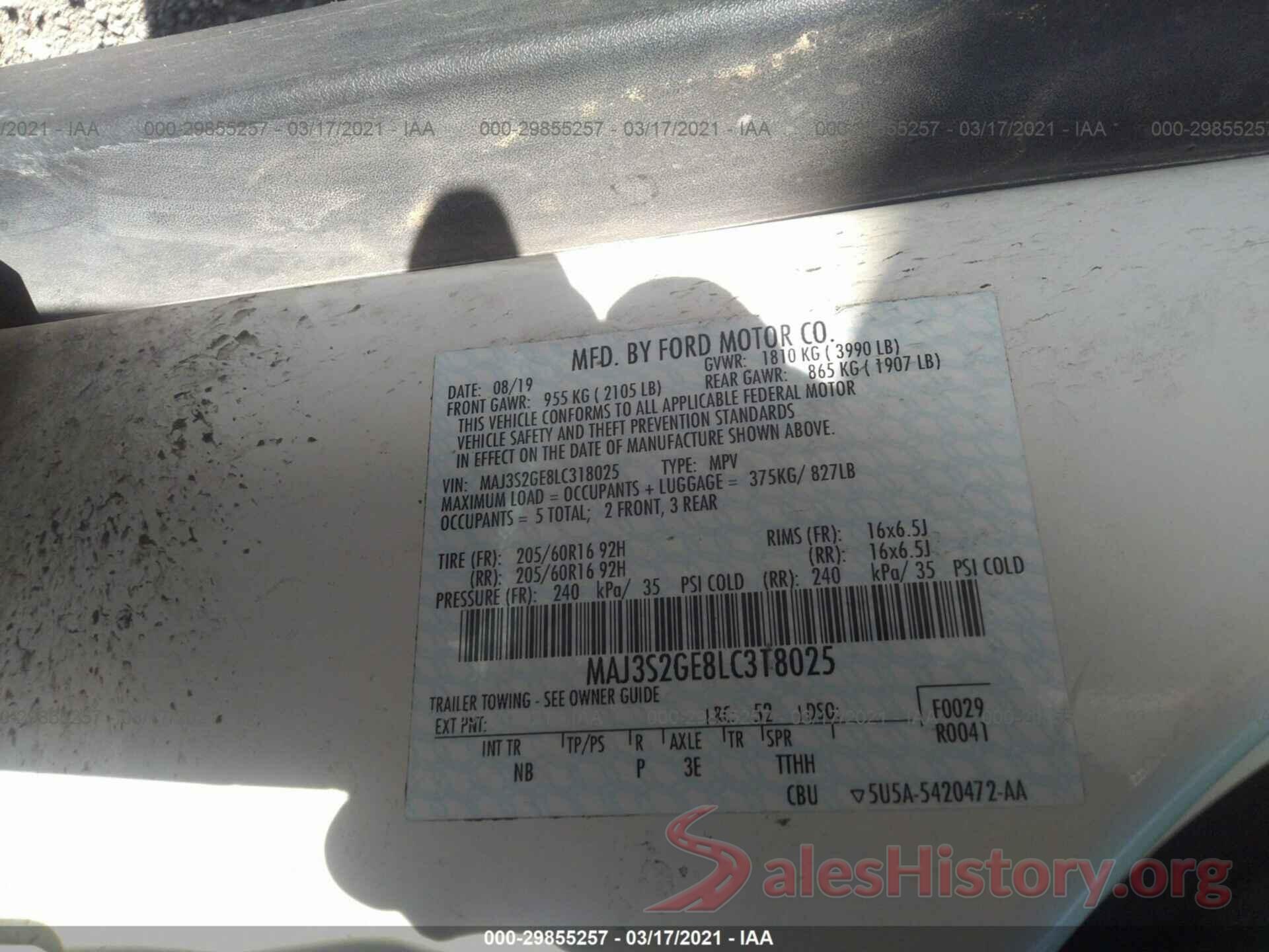 MAJ3S2GE8LC318025 2020 FORD ECOSPORT