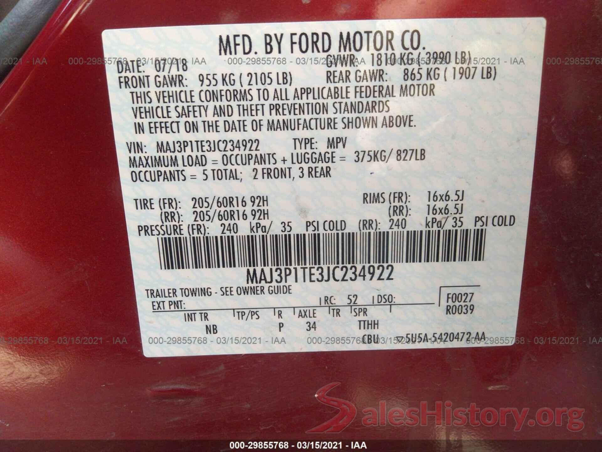 MAJ3P1TE3JC234922 2018 FORD ECOSPORT