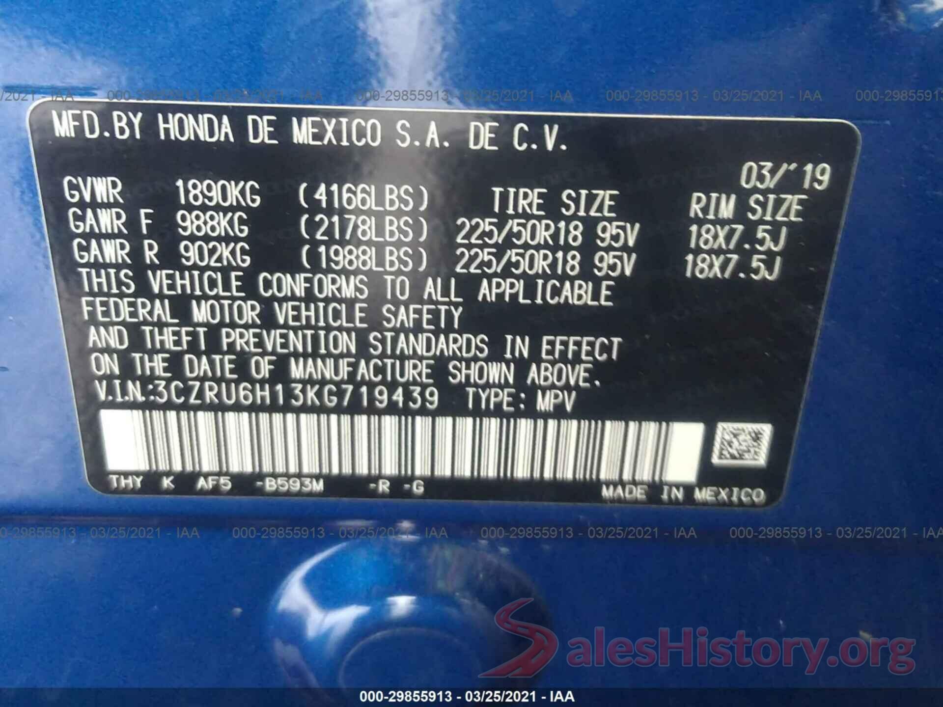 3CZRU6H13KG719439 2019 HONDA HR-V