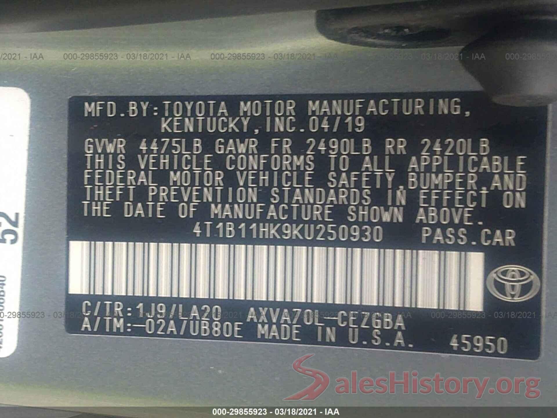 4T1B11HK9KU250930 2019 TOYOTA CAMRY