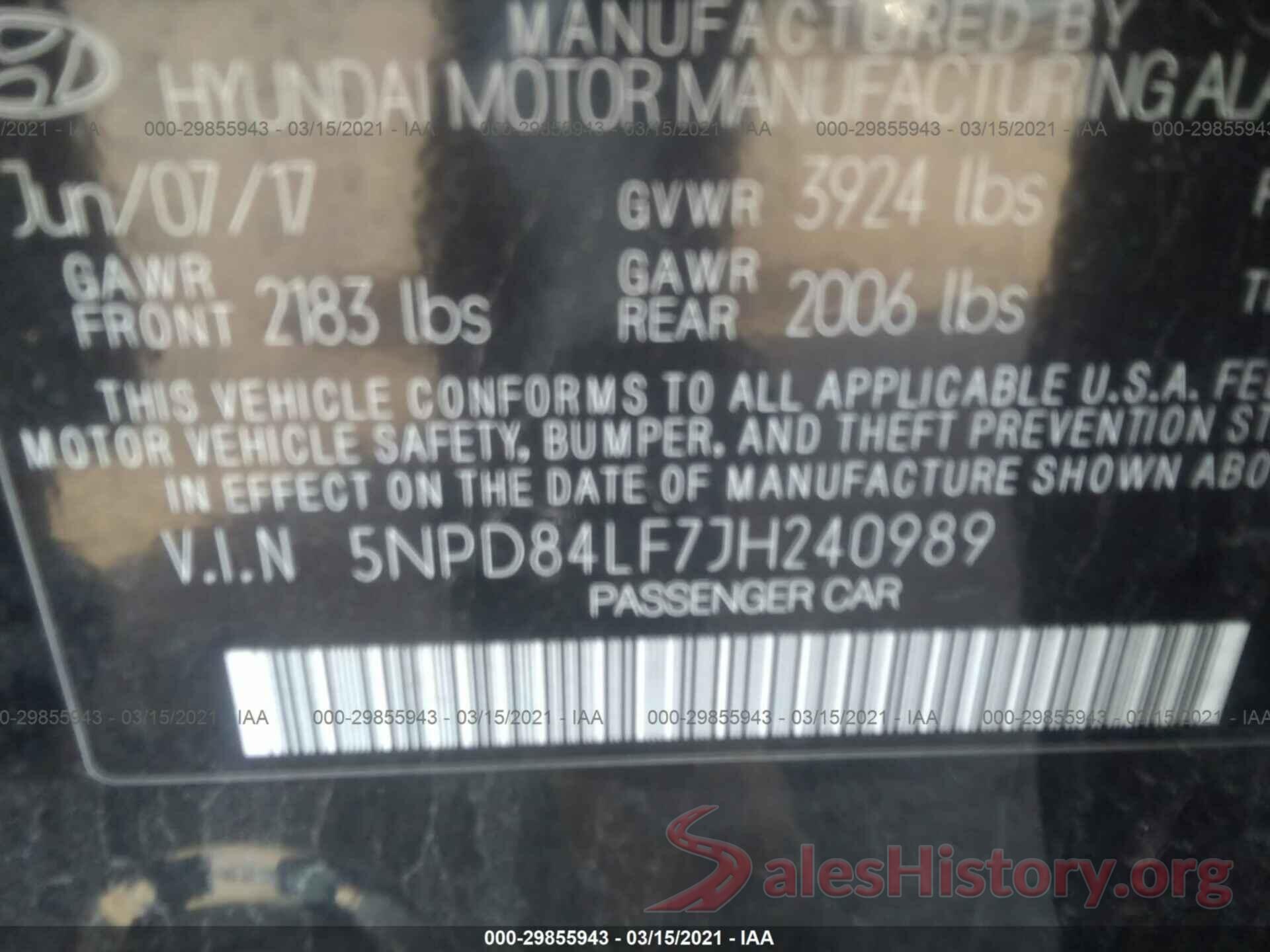 5NPD84LF7JH240989 2018 HYUNDAI ELANTRA