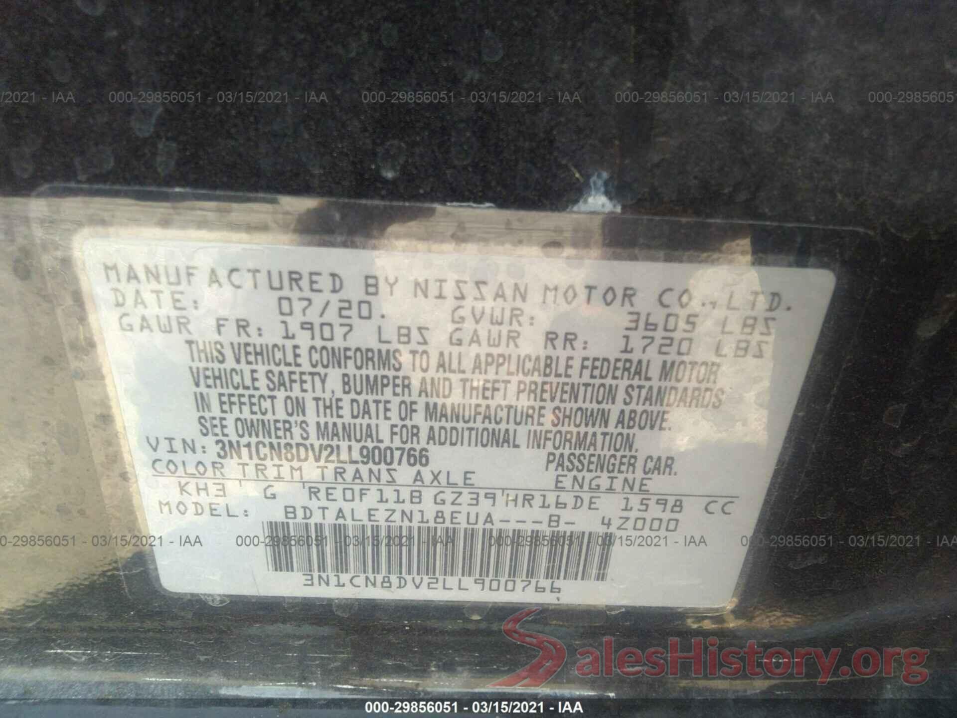 3N1CN8DV2LL900766 2020 NISSAN VERSA