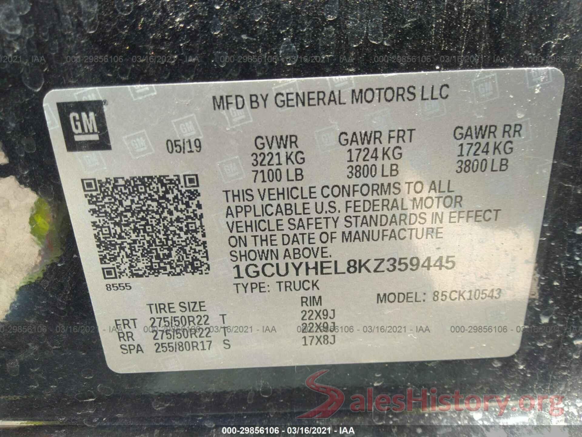 1GCUYHEL8KZ359445 2019 CHEVROLET SILVERADO 1500