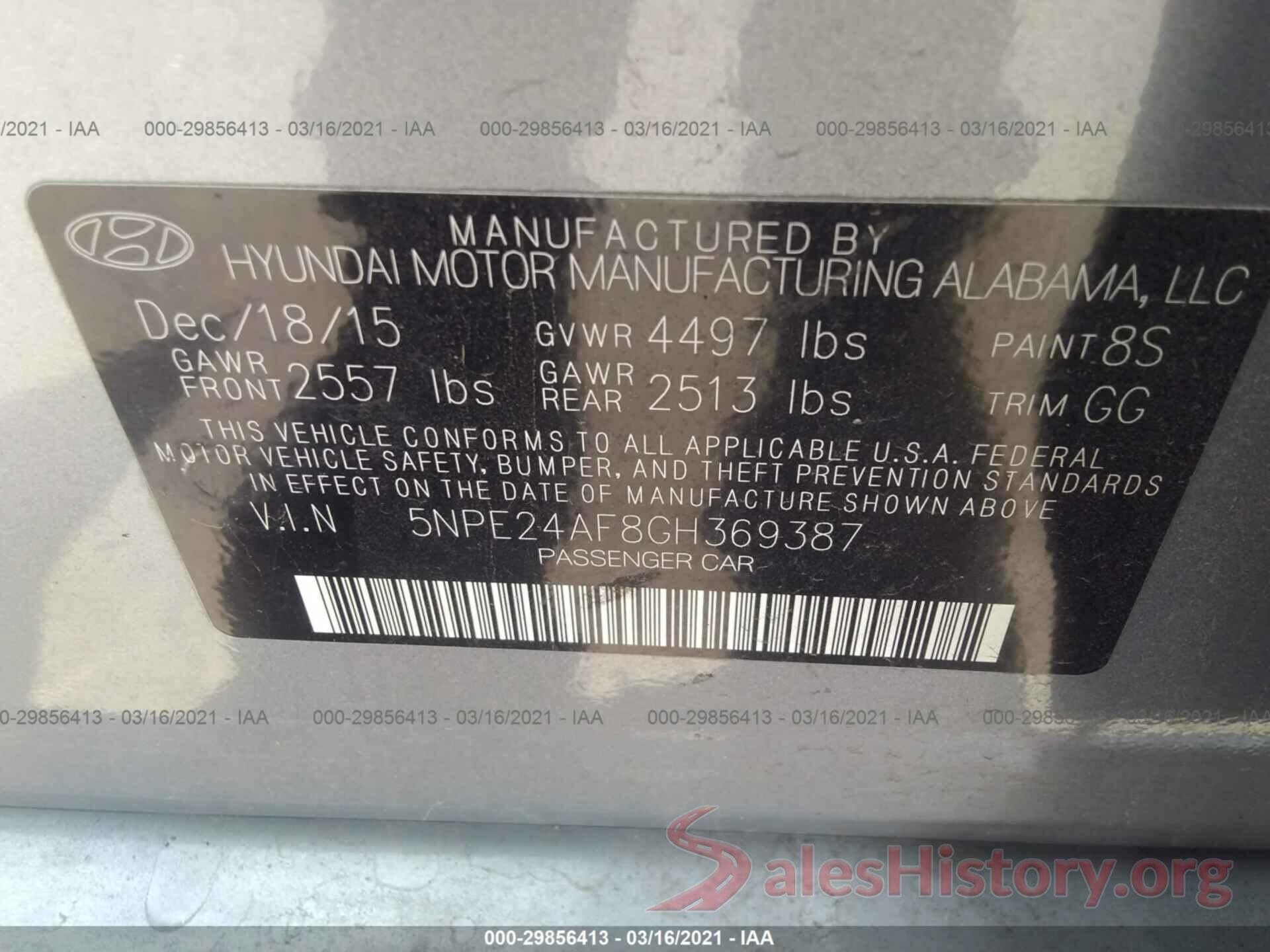 5NPE24AF8GH369387 2016 HYUNDAI SONATA