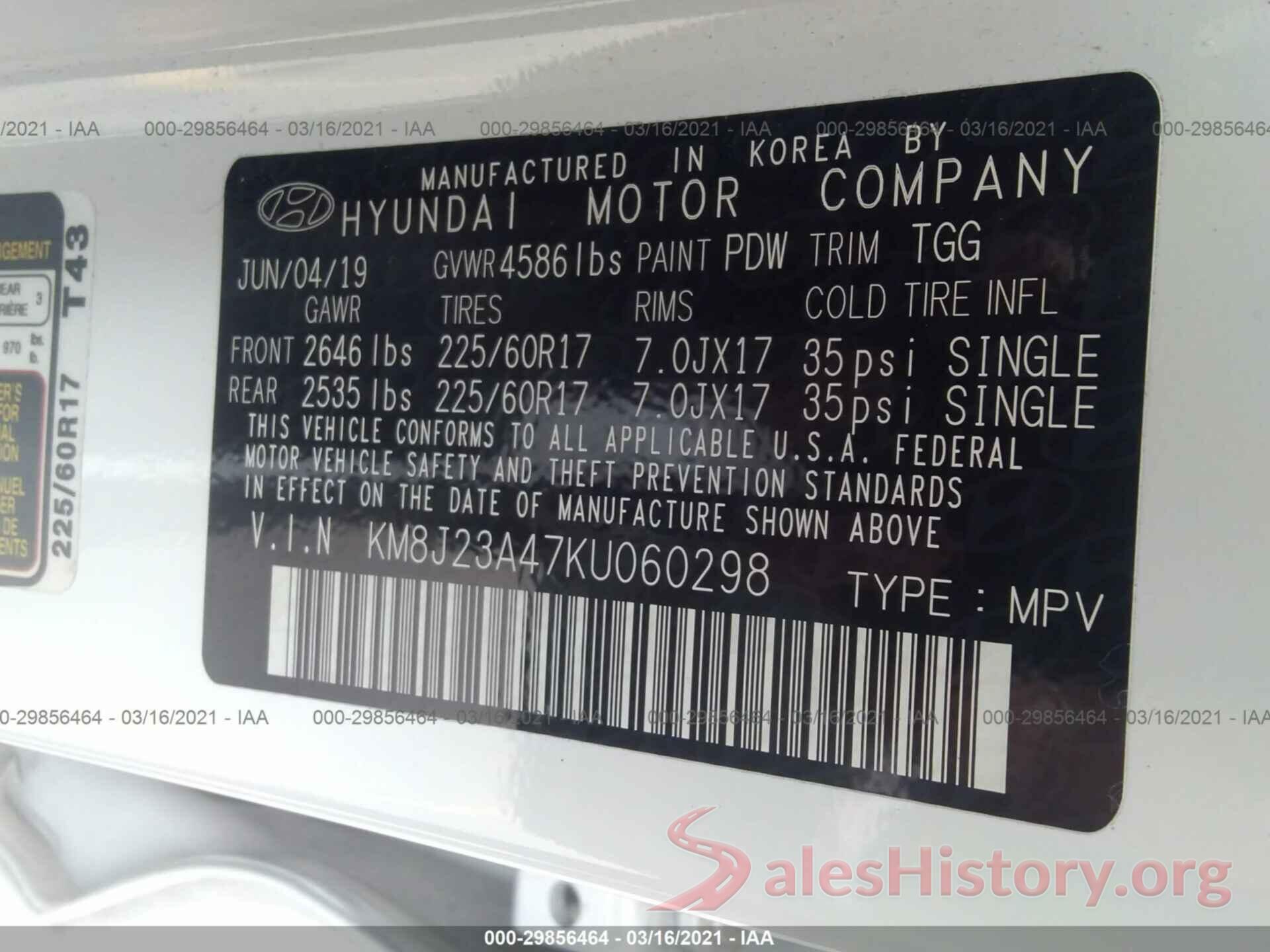 KM8J23A47KU060298 2019 HYUNDAI TUCSON