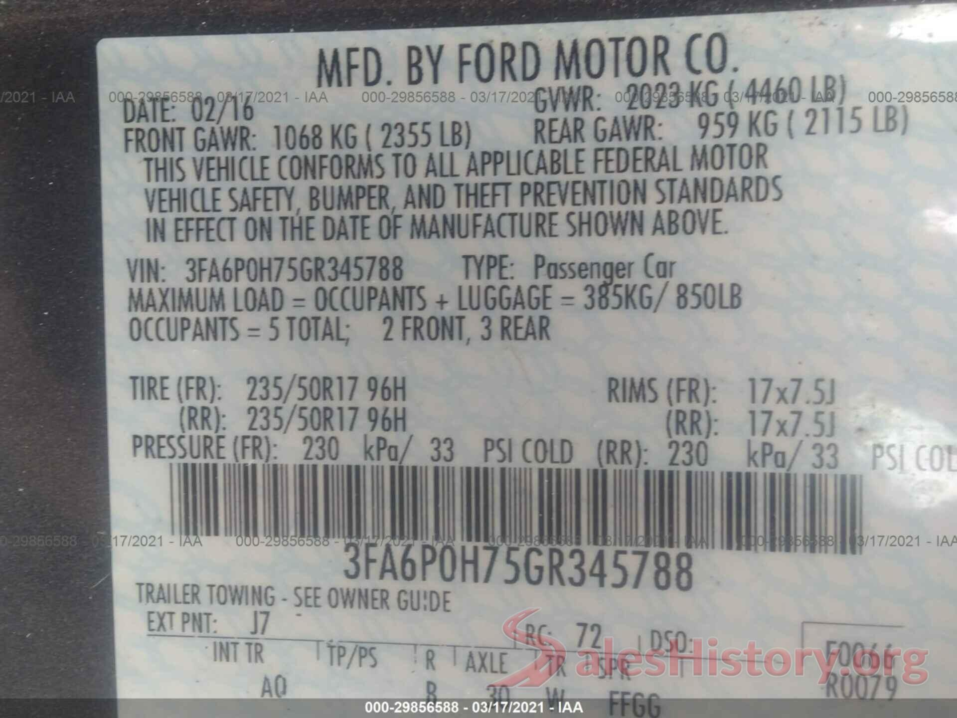 3FA6P0H75GR345788 2016 FORD FUSION