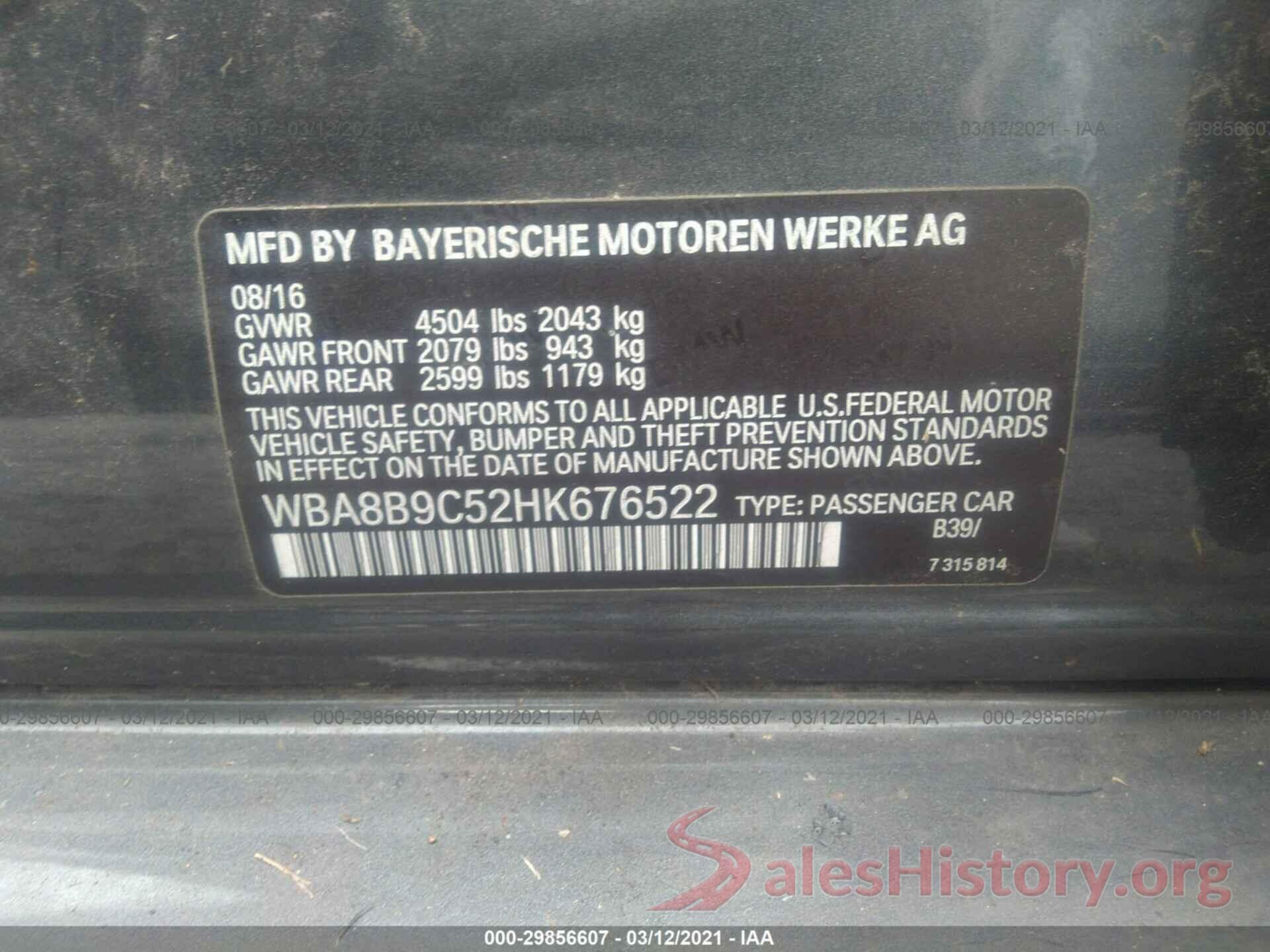 WBA8B9C52HK676522 2017 BMW 3 SERIES