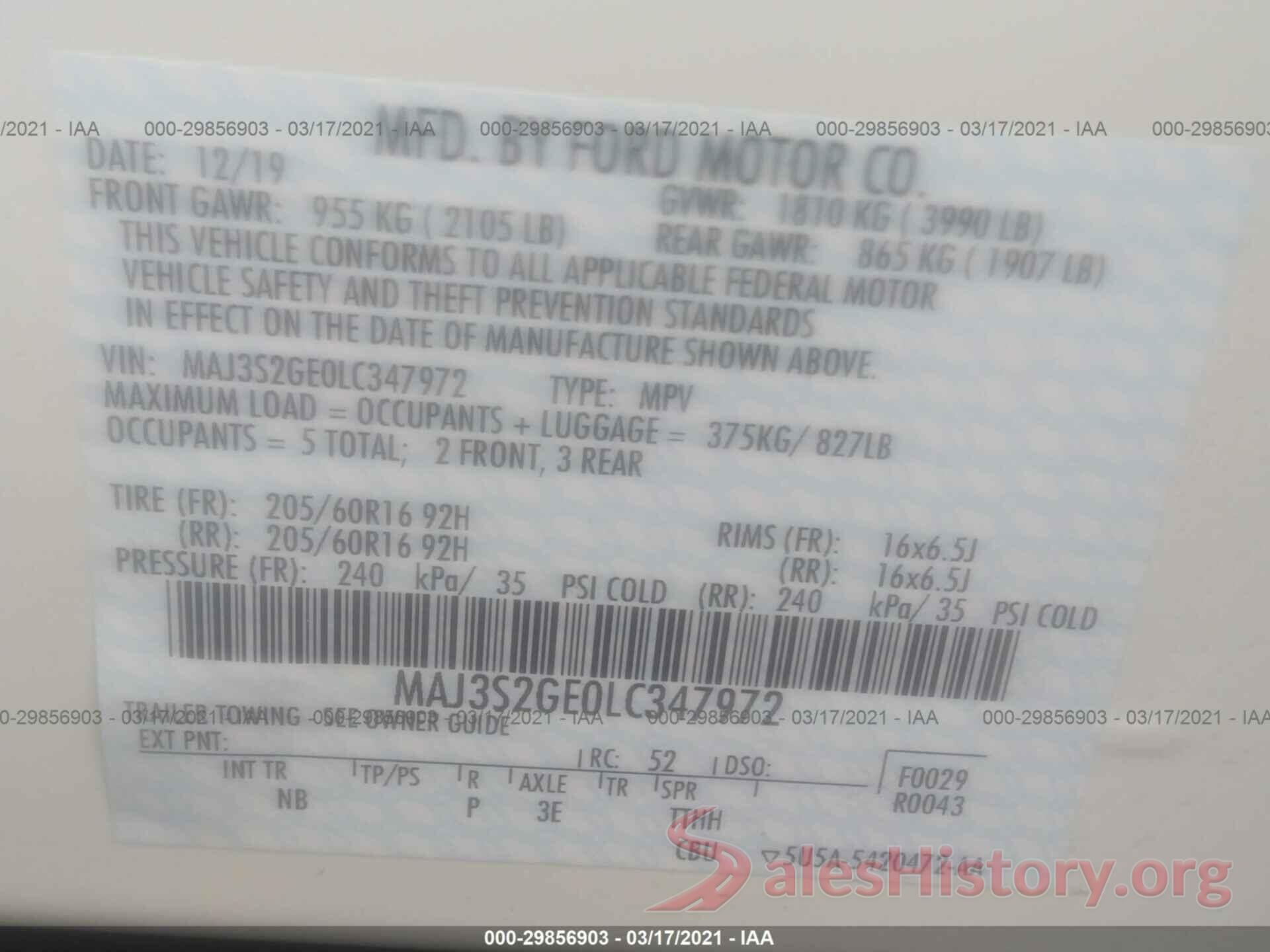 MAJ3S2GE0LC347972 2020 FORD ECOSPORT