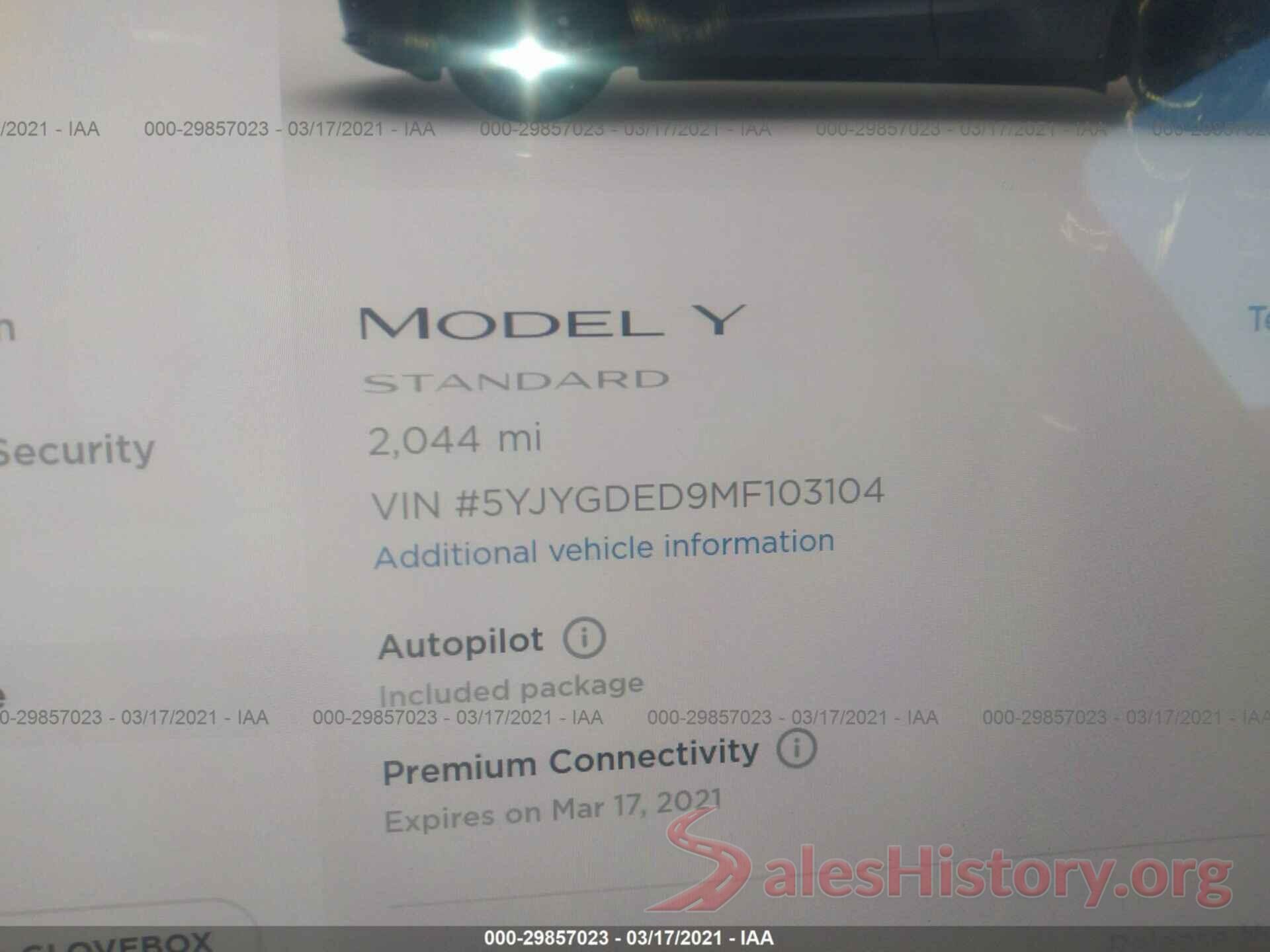 5YJYGDED9MF103104 2021 TESLA MODEL Y