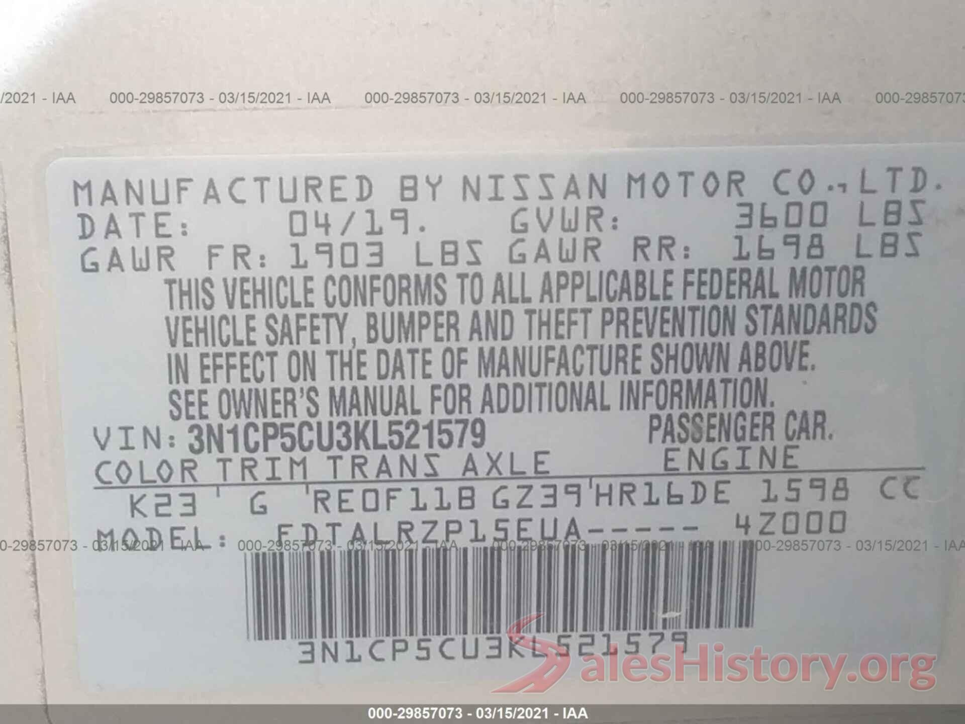 3N1CP5CU3KL521579 2019 NISSAN KICKS