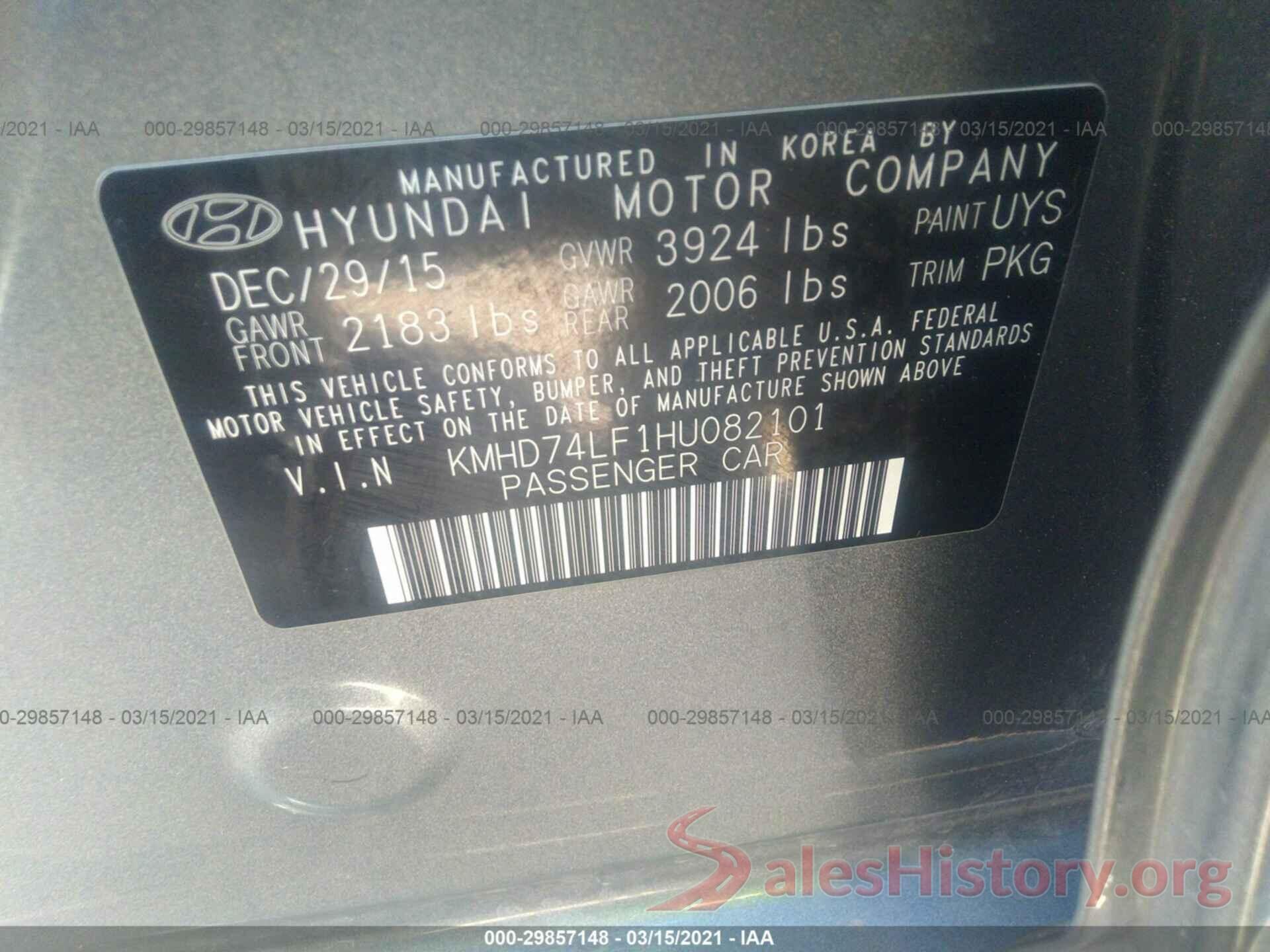 KMHD74LF1HU082101 2017 HYUNDAI ELANTRA