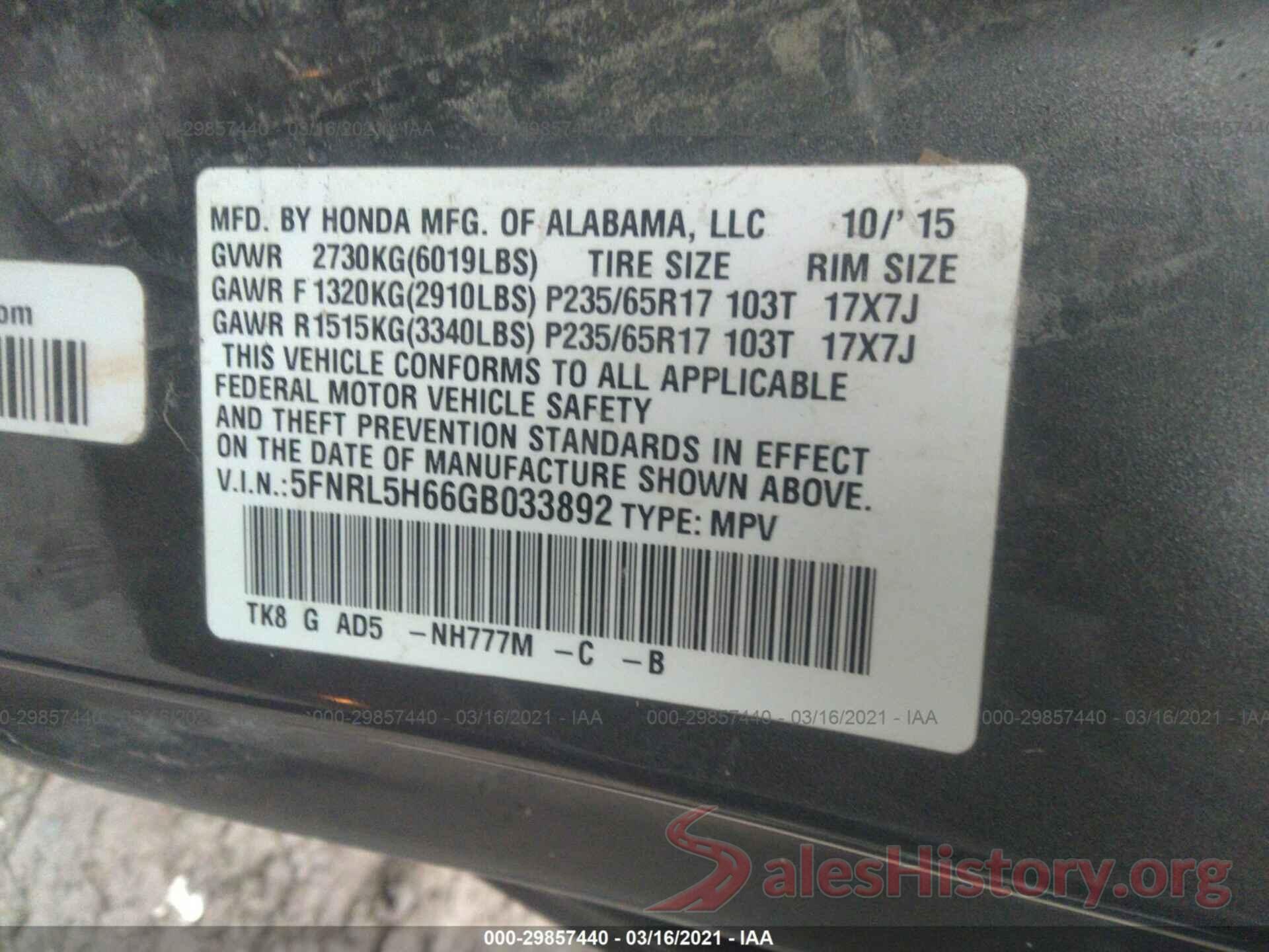 5FNRL5H66GB033892 2016 HONDA ODYSSEY