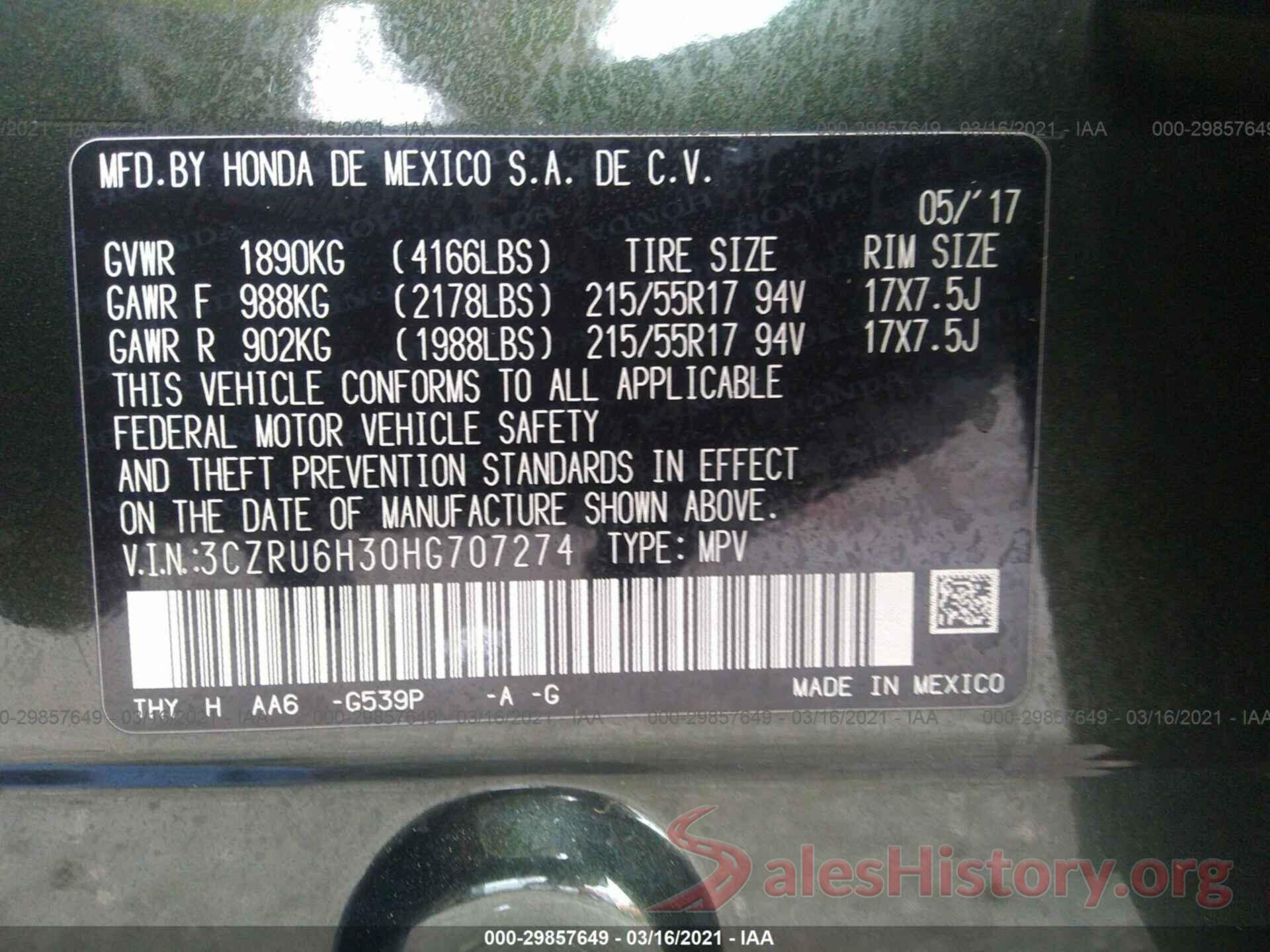 3CZRU6H30HG707274 2017 HONDA HR-V