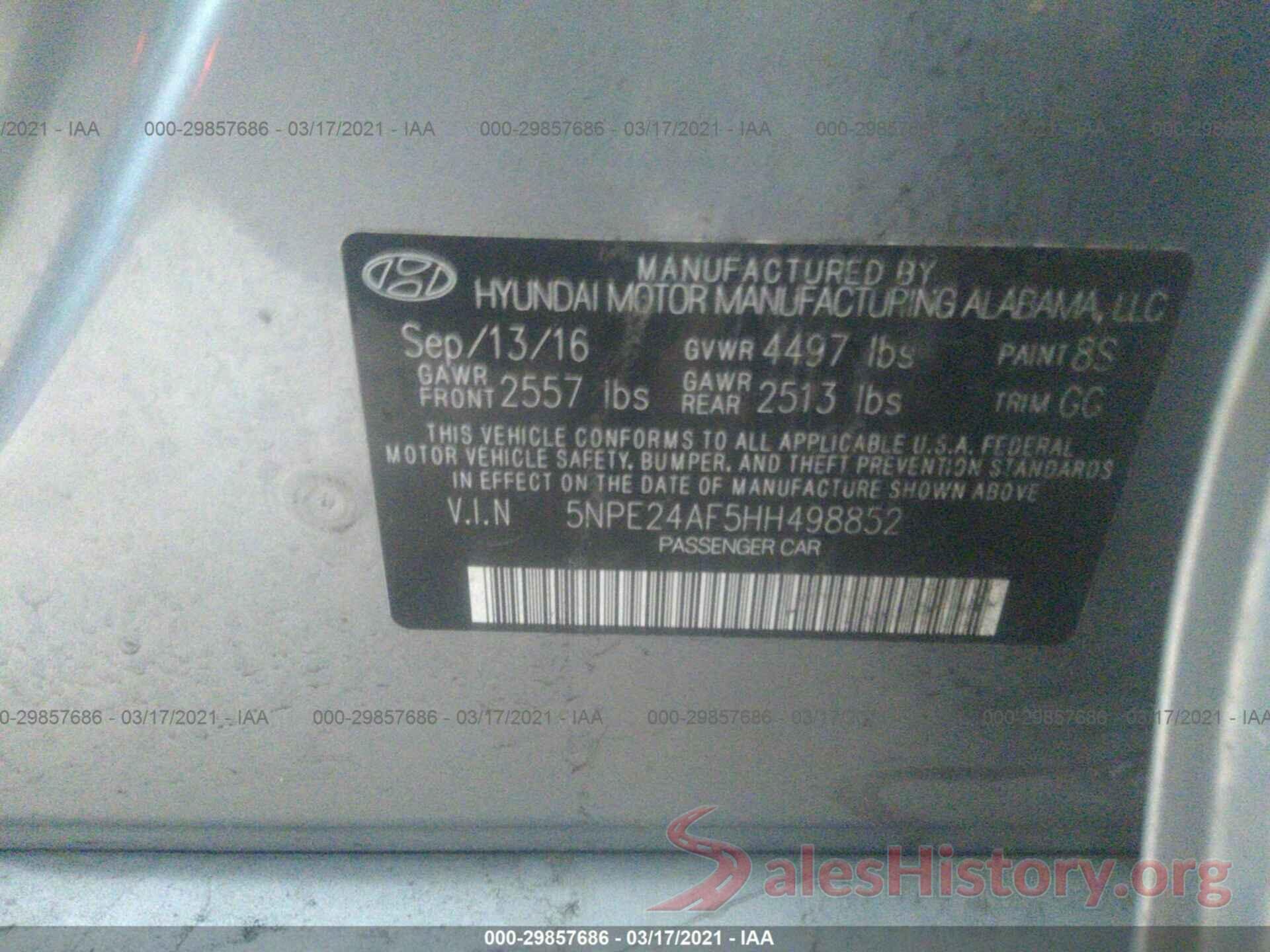 5NPE24AF5HH498852 2017 HYUNDAI SONATA