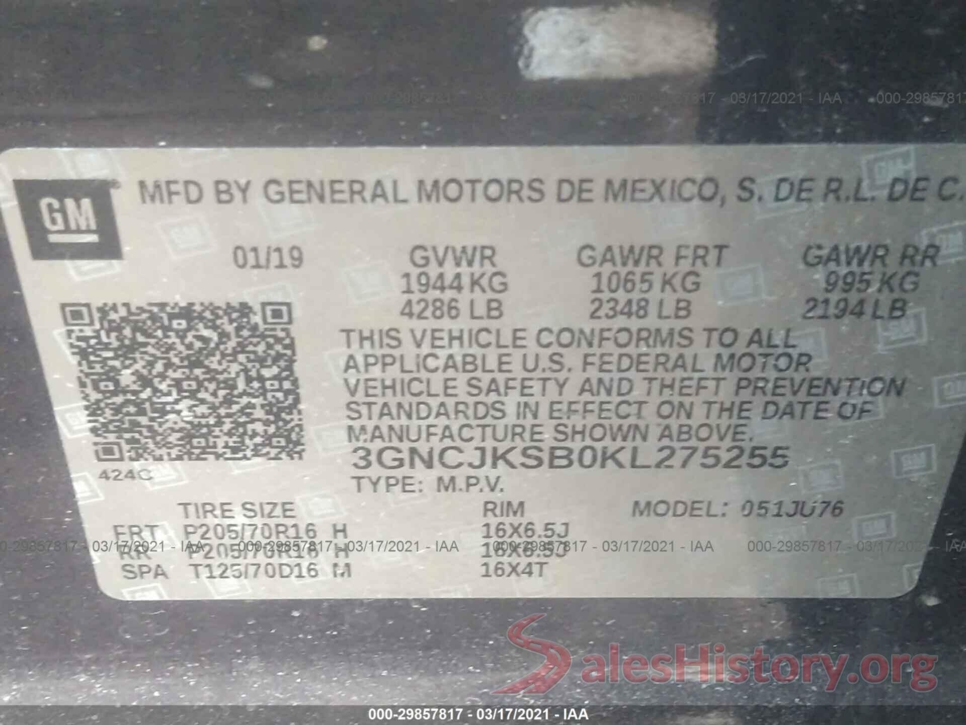 3GNCJKSB0KL275255 2019 CHEVROLET TRAX