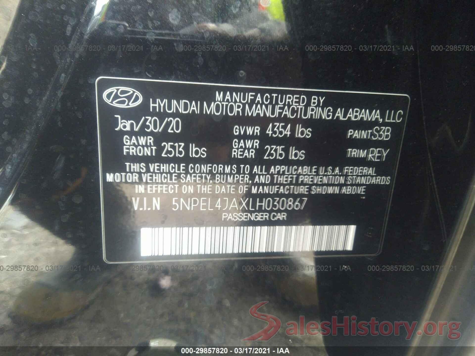 5NPEL4JAXLH030867 2020 HYUNDAI SONATA