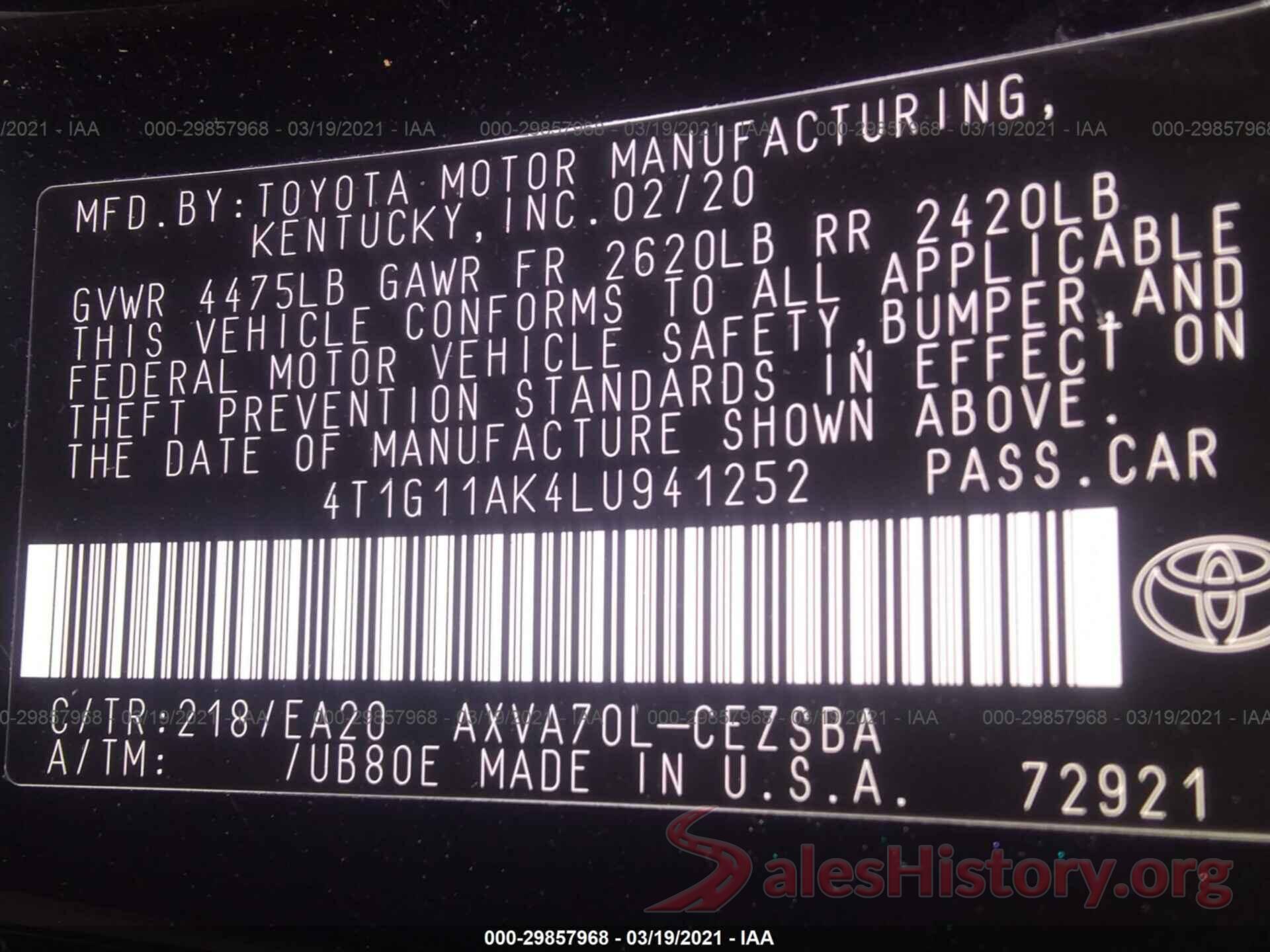 4T1G11AK4LU941252 2020 TOYOTA CAMRY