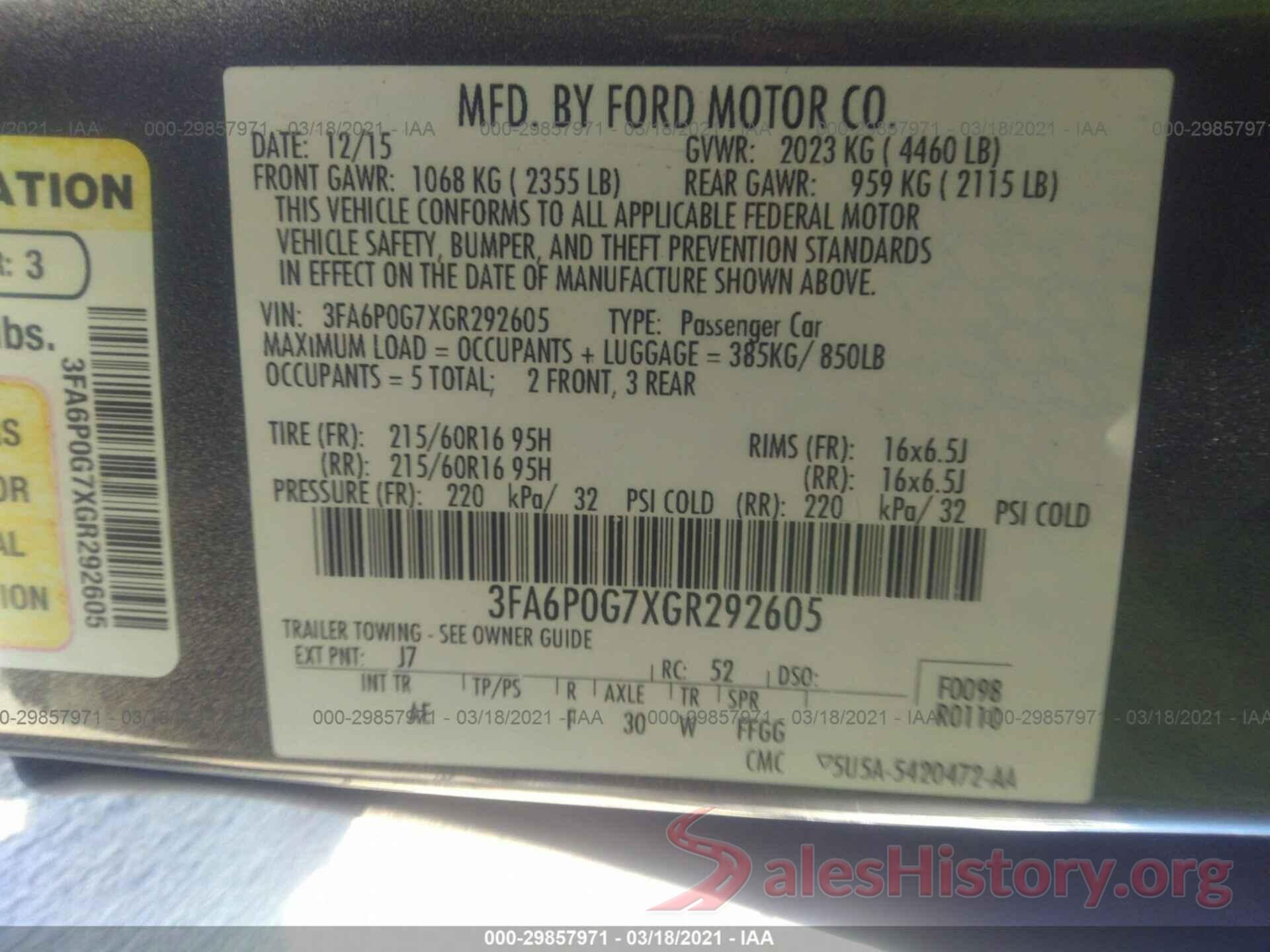 3FA6P0G7XGR292605 2016 FORD FUSION