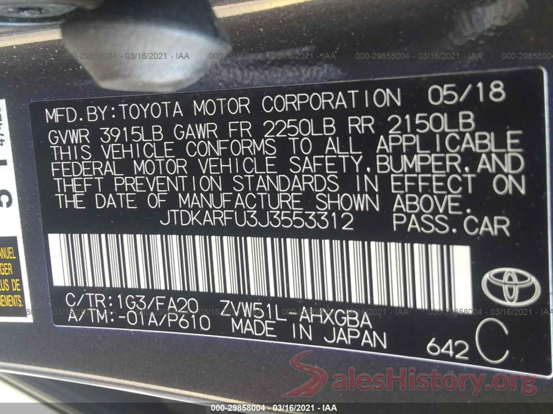 JTDKARFU3J3553312 2018 TOYOTA PRIUS