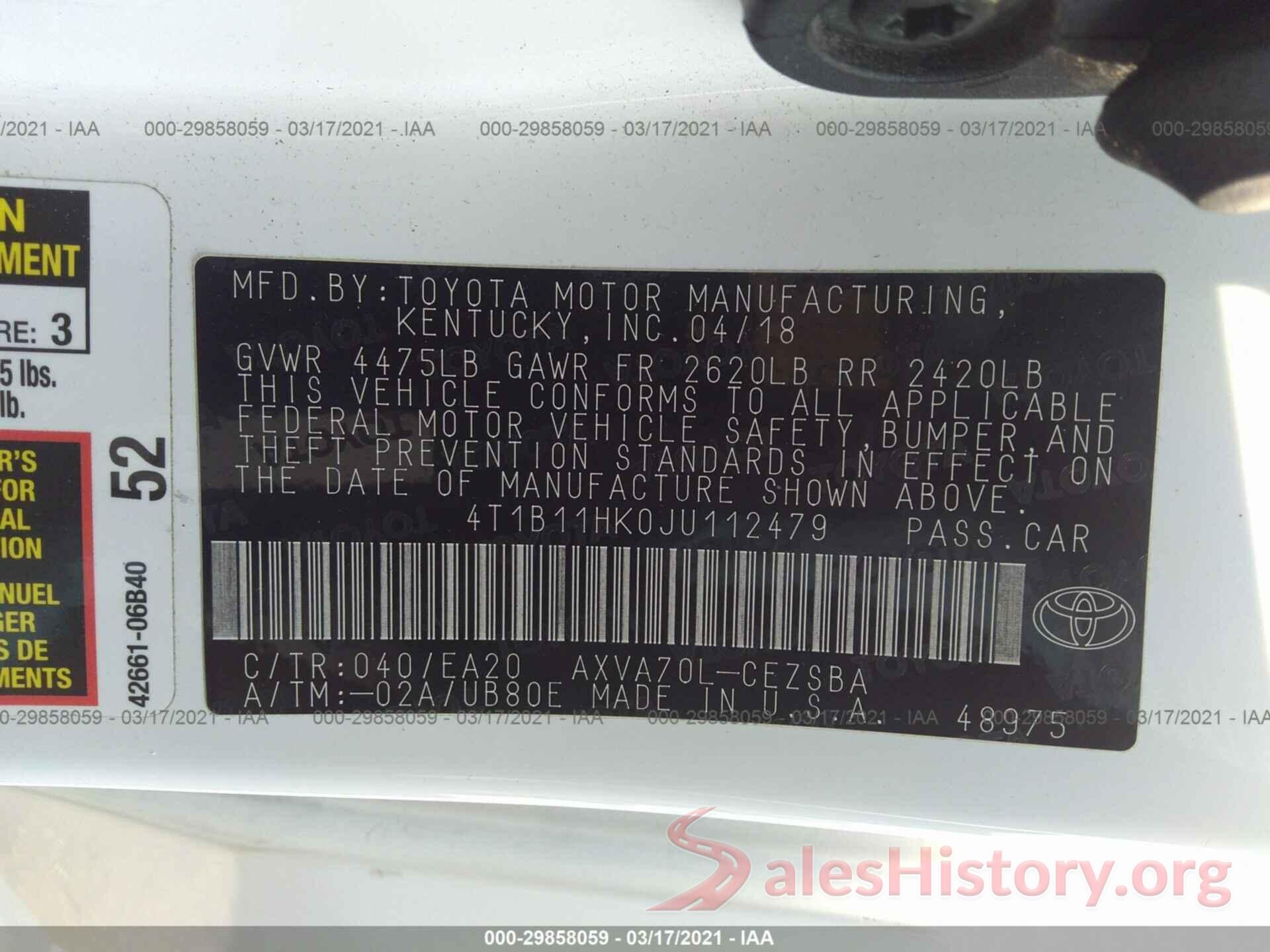 4T1B11HK0JU112479 2018 TOYOTA CAMRY