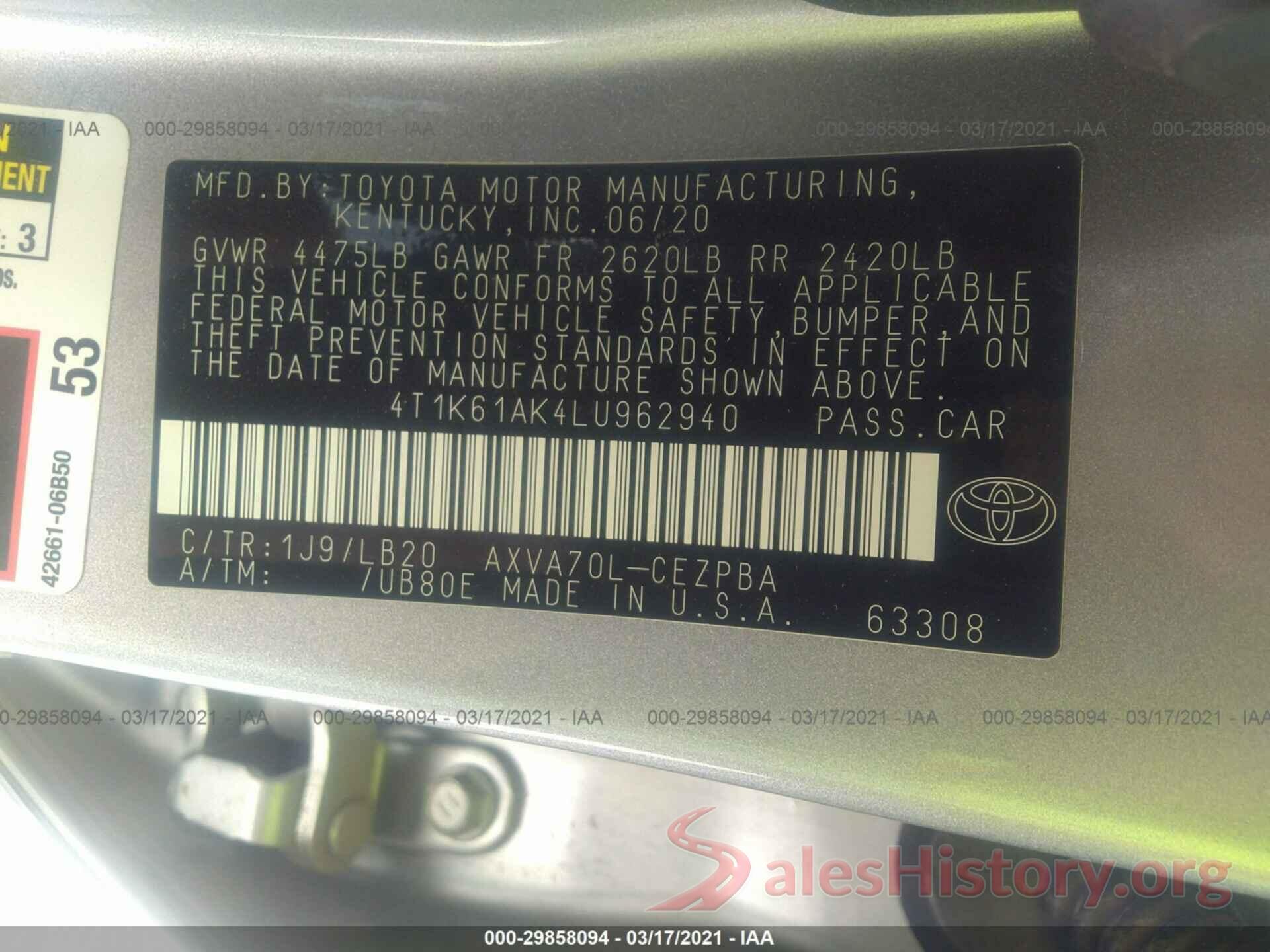 4T1K61AK4LU962940 2020 TOYOTA CAMRY