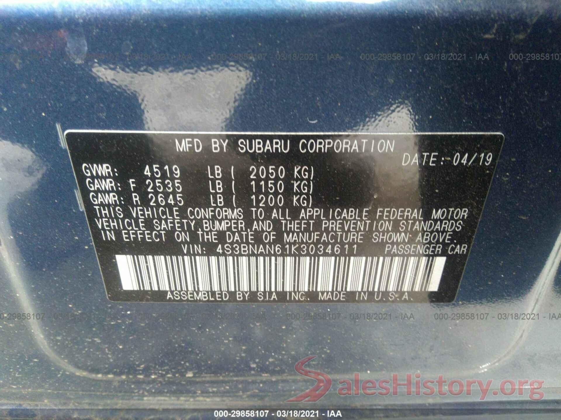 4S3BNAN61K3034611 2019 SUBARU LEGACY