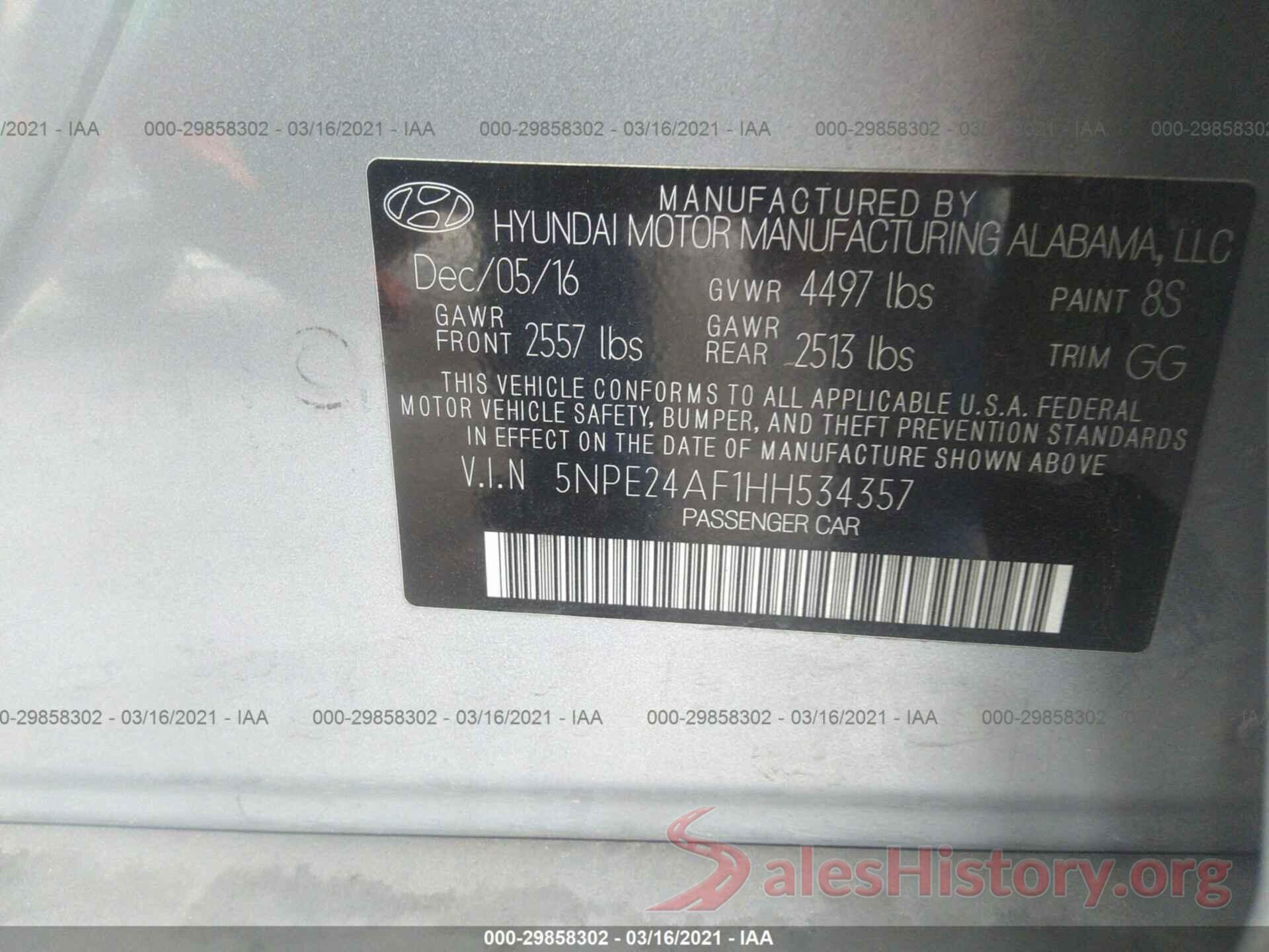 5NPE24AF1HH534357 2017 HYUNDAI SONATA