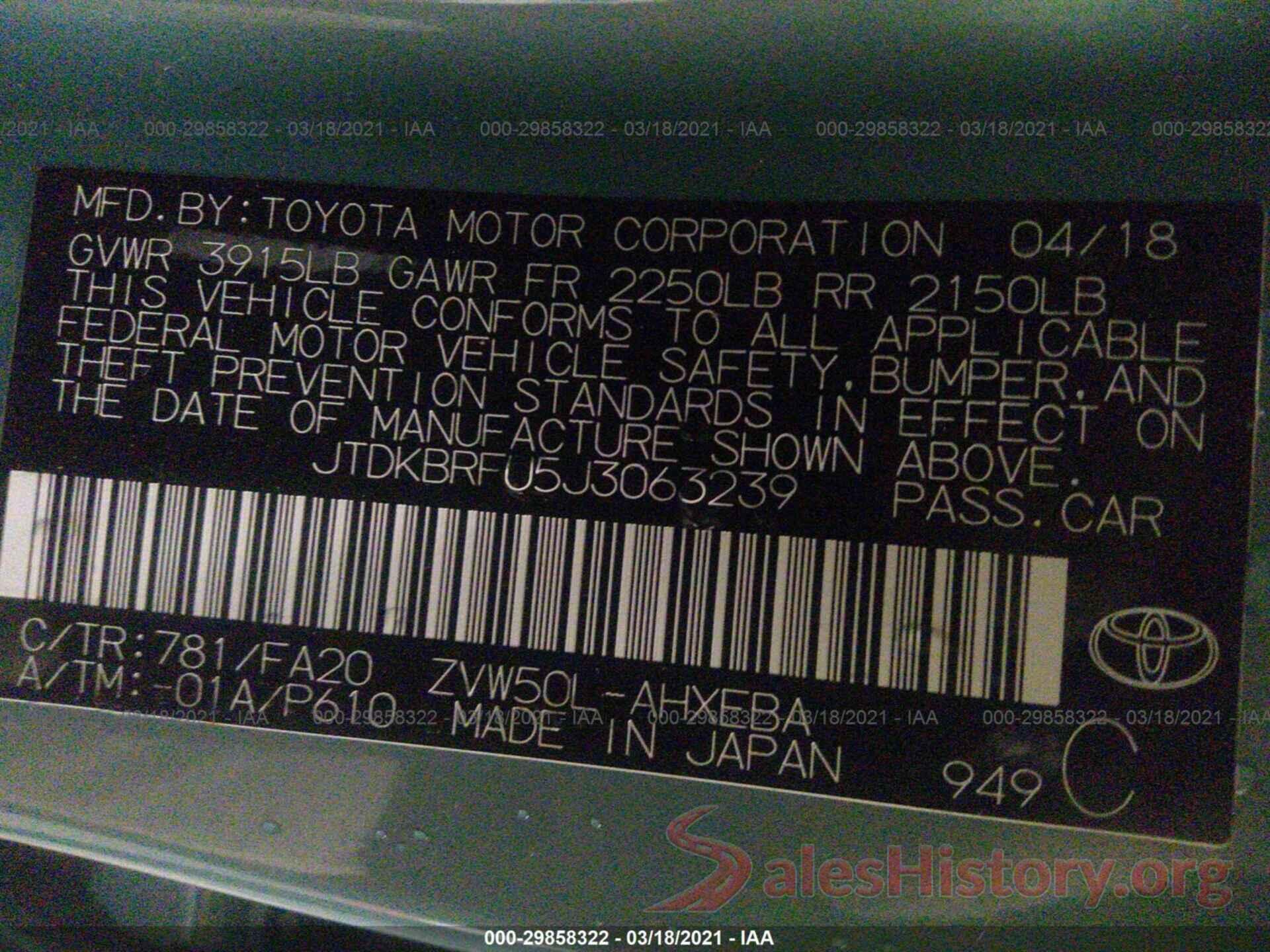 JTDKBRFU5J3063239 2018 TOYOTA PRIUS