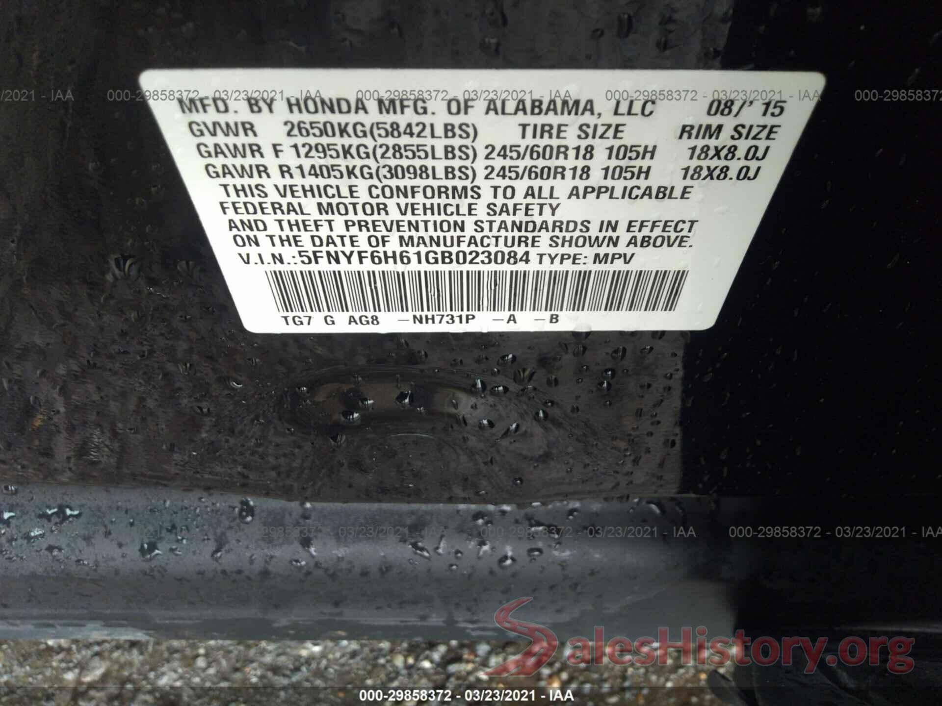 5FNYF6H61GB023084 2016 HONDA PILOT