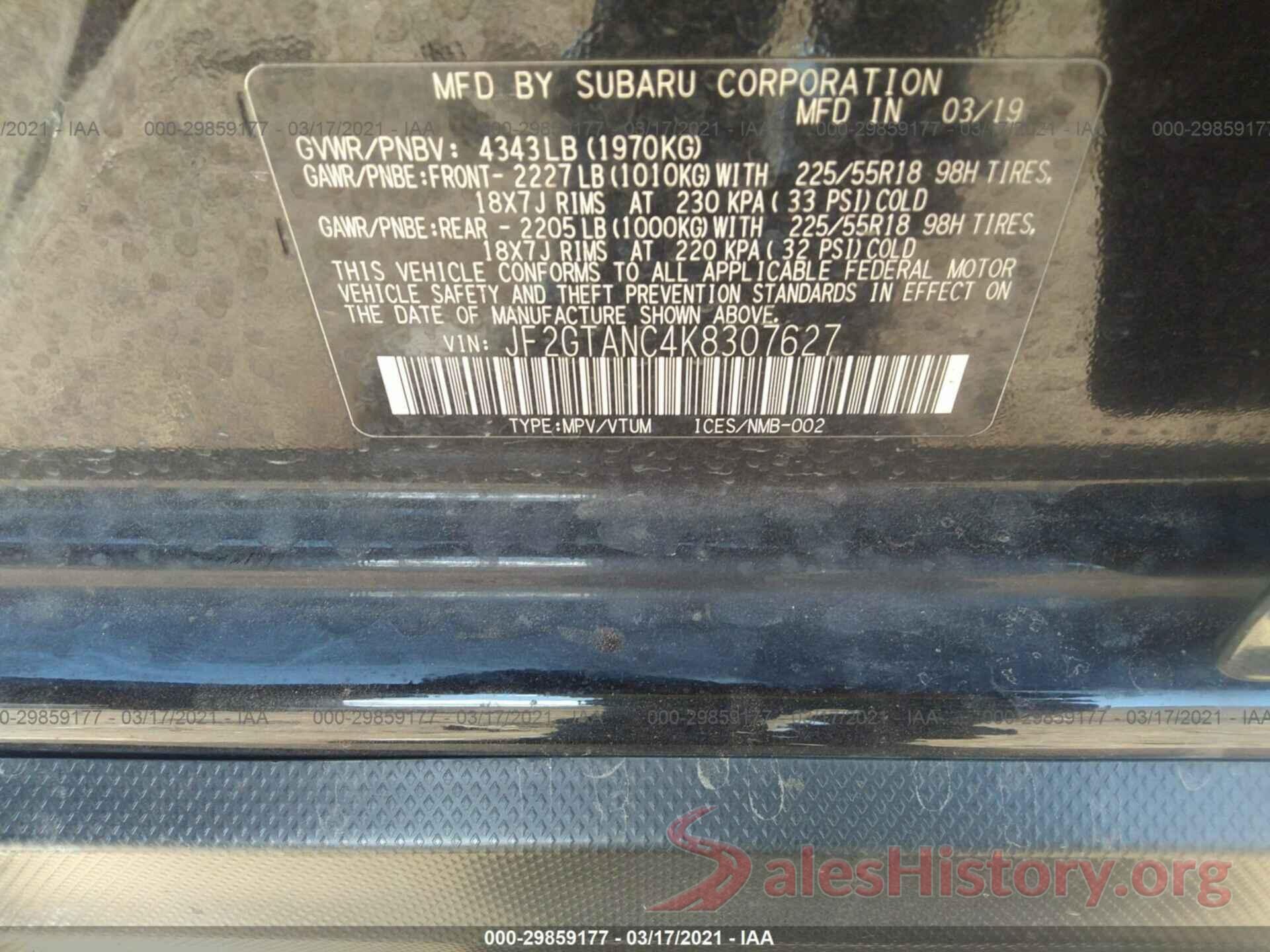 JF2GTANC4K8307627 2019 SUBARU CROSSTREK