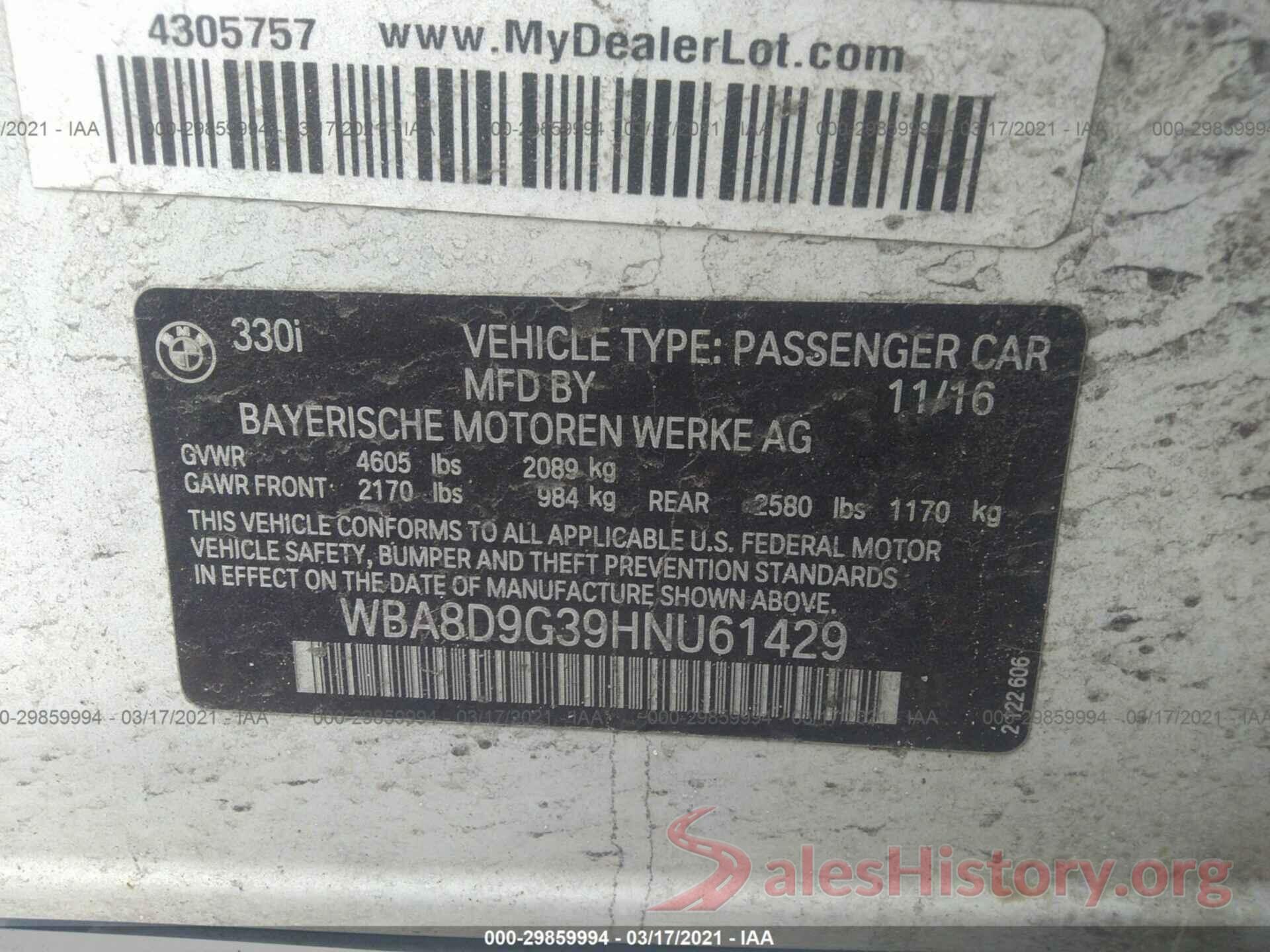 WBA8D9G39HNU61429 2017 BMW 3 SERIES