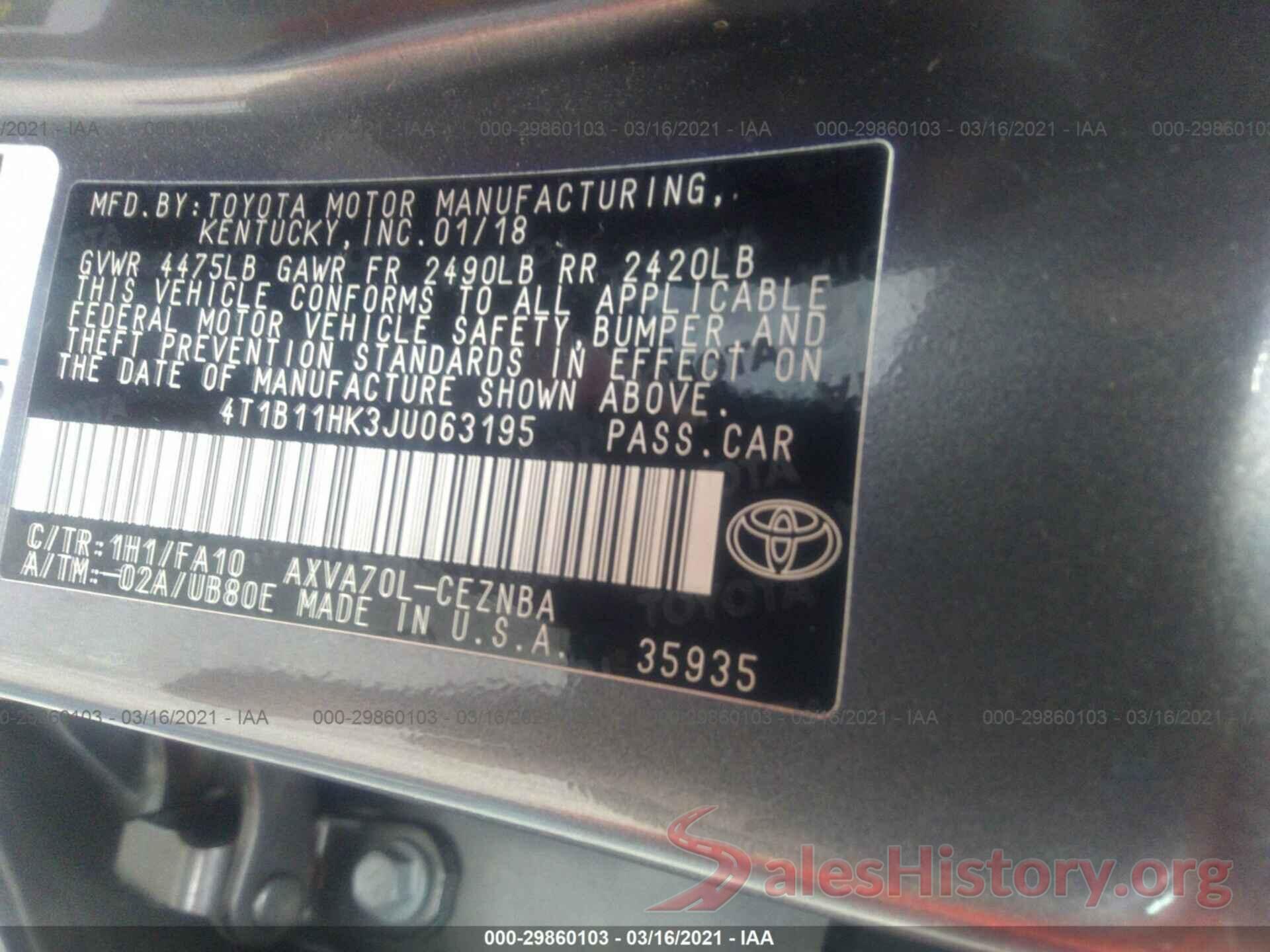 4T1B11HK3JU063195 2018 TOYOTA CAMRY