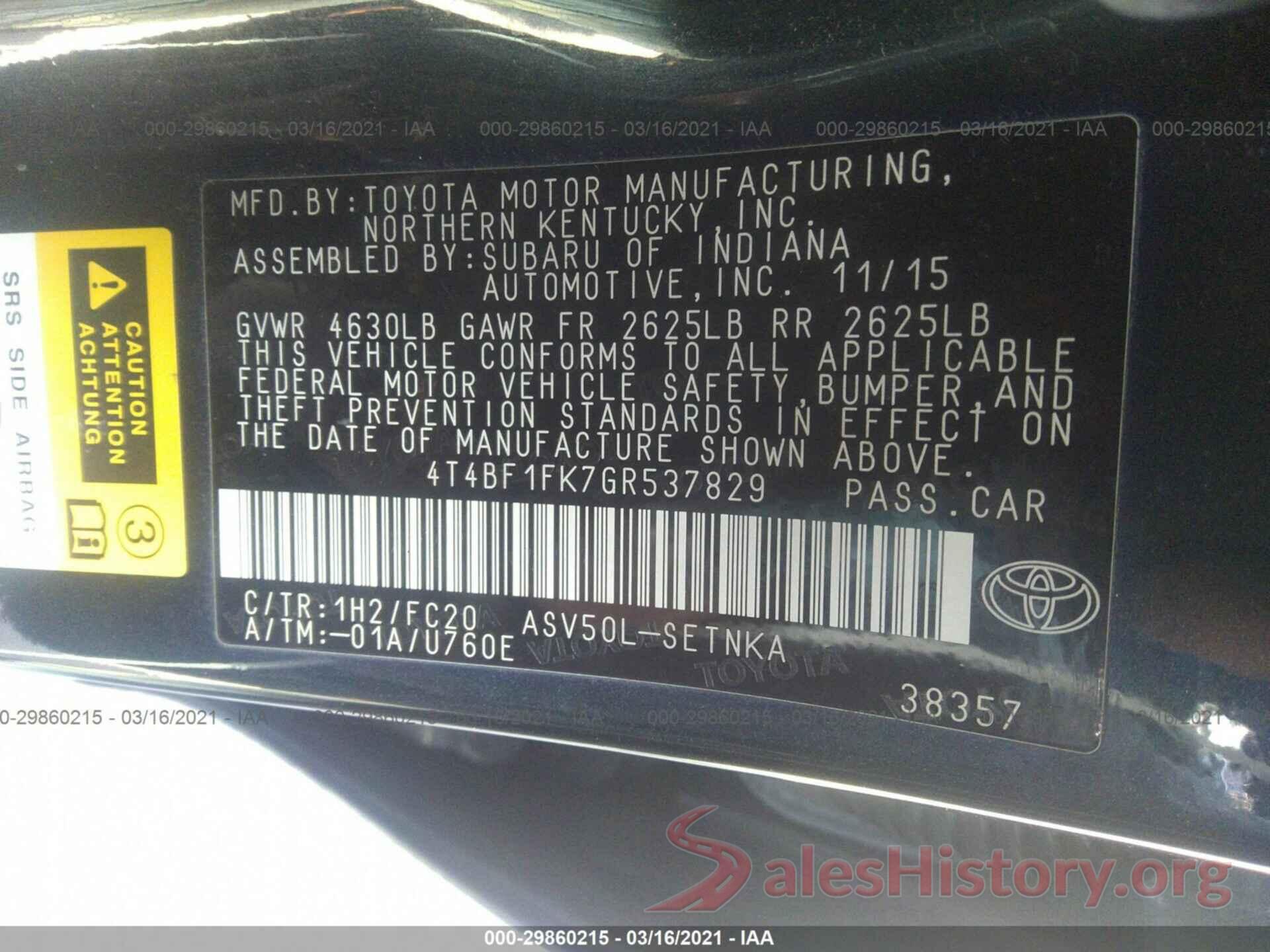 4T4BF1FK7GR537829 2016 TOYOTA CAMRY