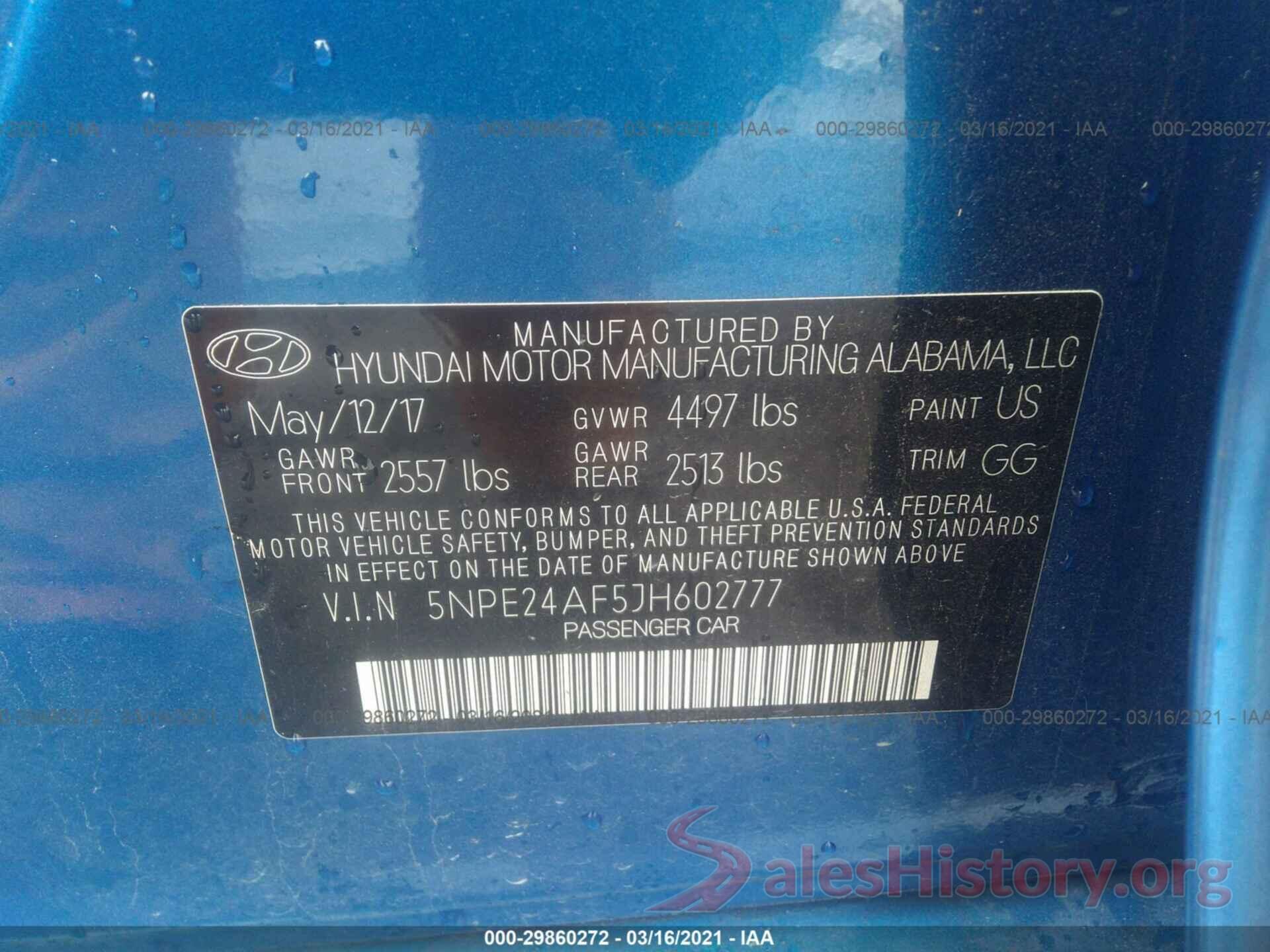 5NPE24AF5JH602777 2018 HYUNDAI SONATA