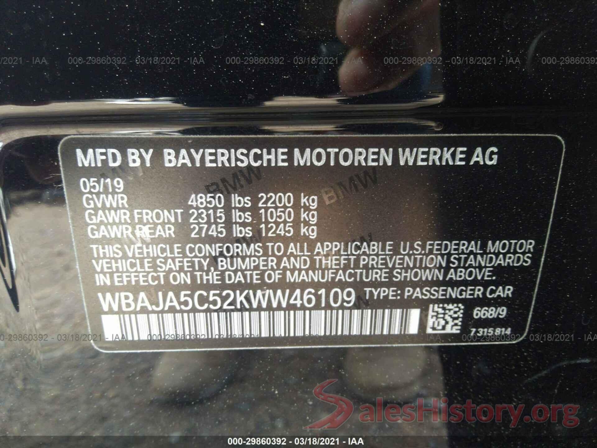 WBAJA5C52KWW46109 2019 BMW 5 SERIES