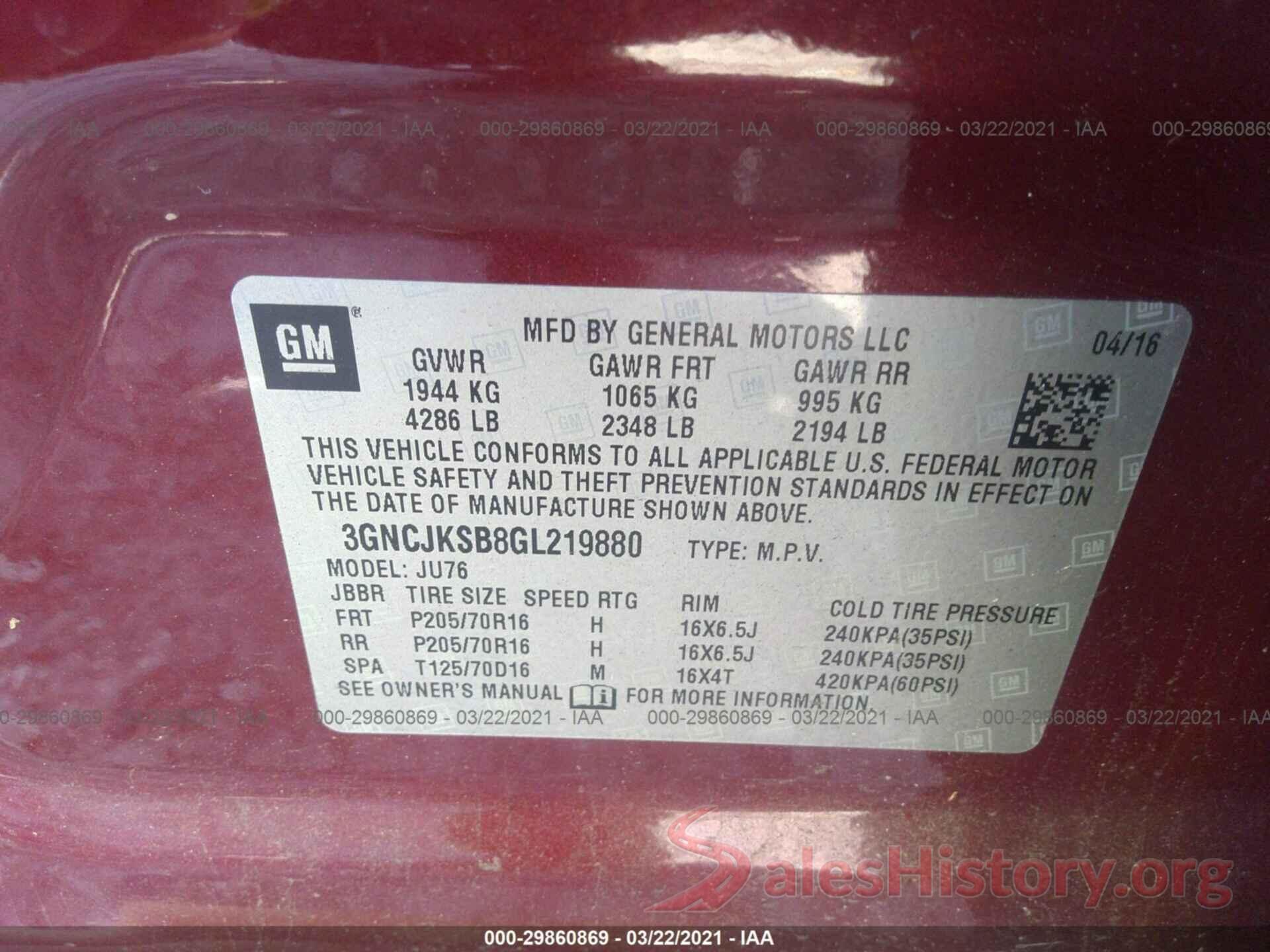 3GNCJKSB8GL219880 2016 CHEVROLET TRAX