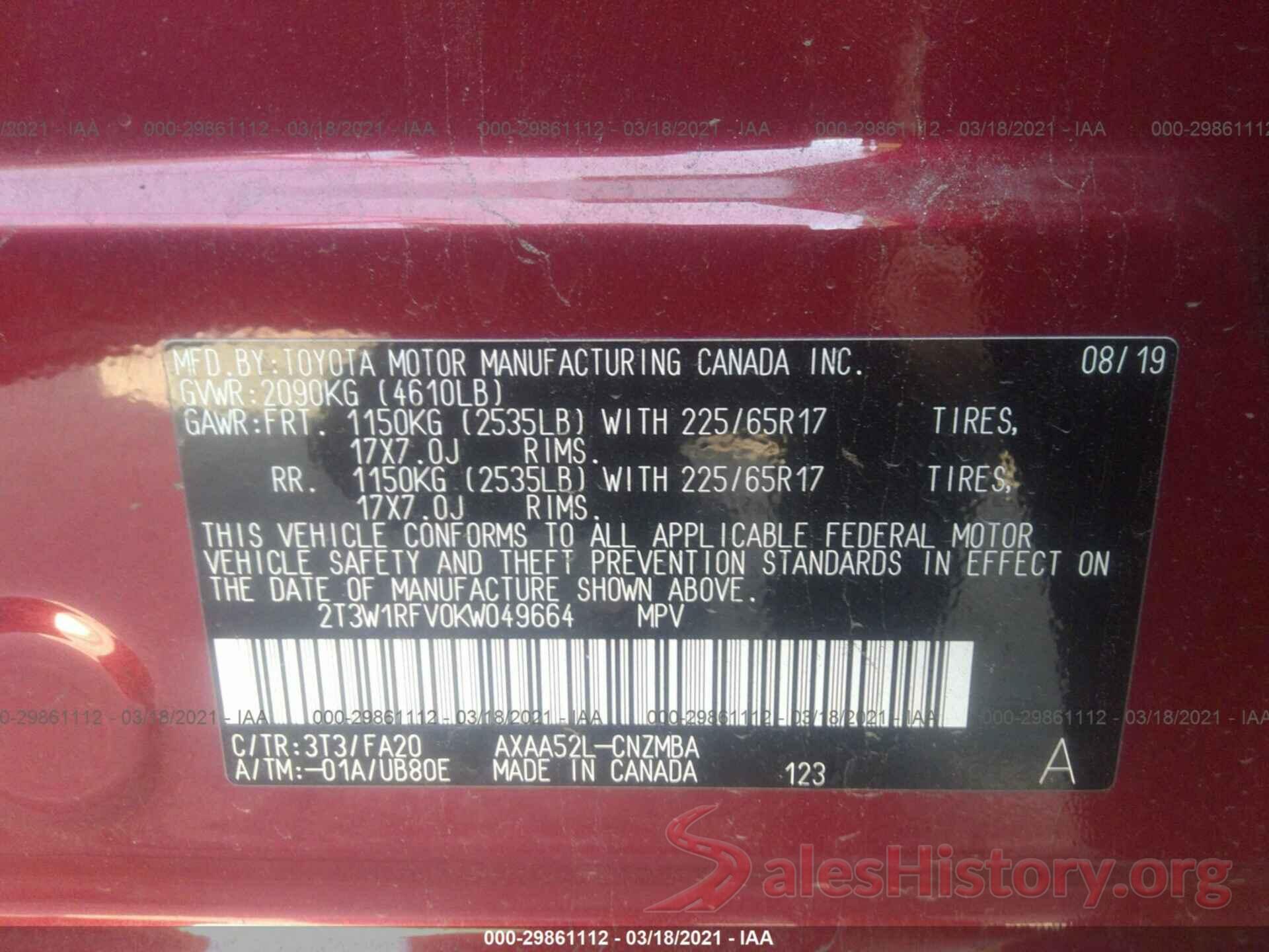 2T3W1RFV0KW049664 2019 TOYOTA RAV4