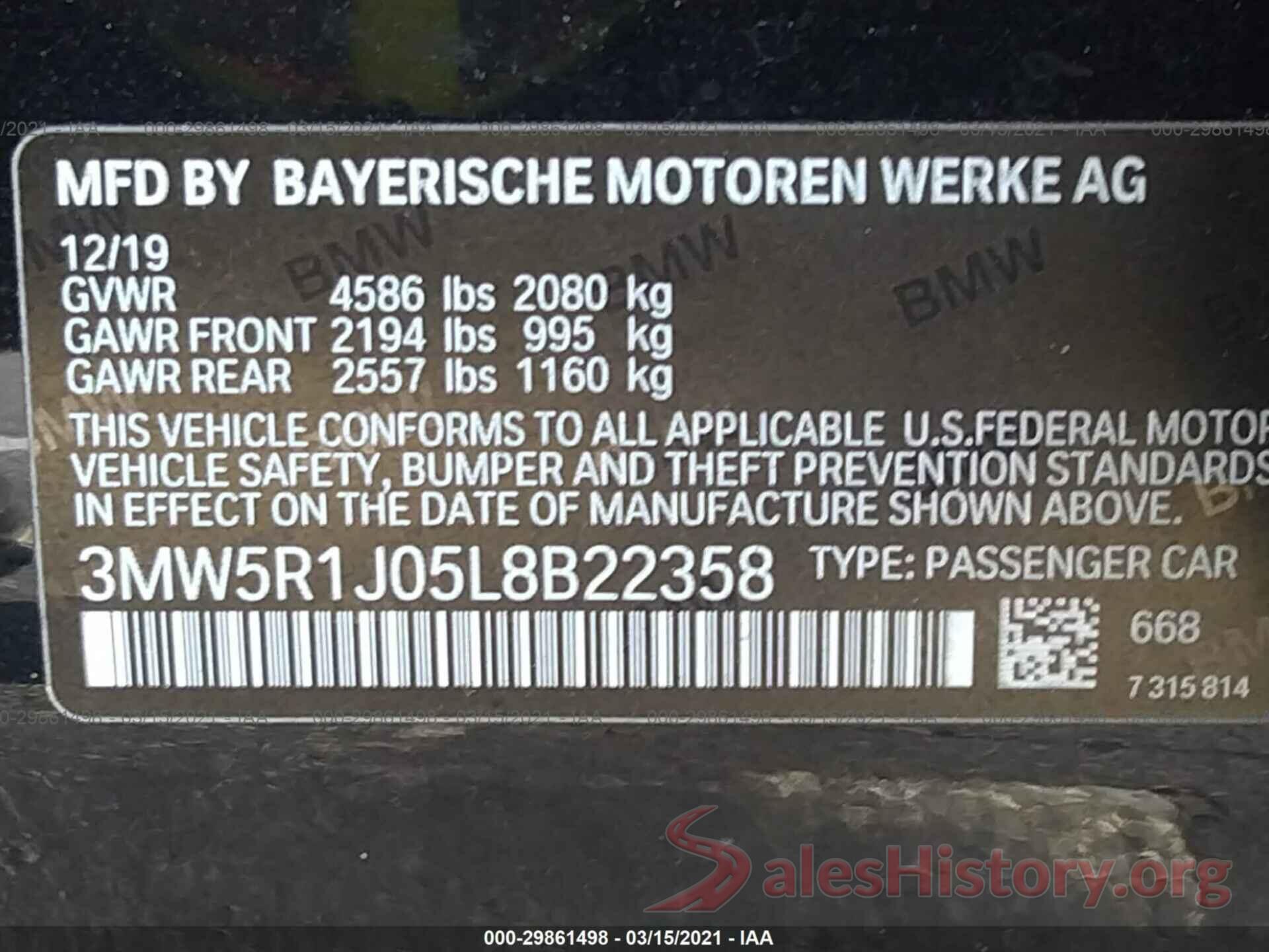 3MW5R1J05L8B22358 2020 BMW 3 SERIES