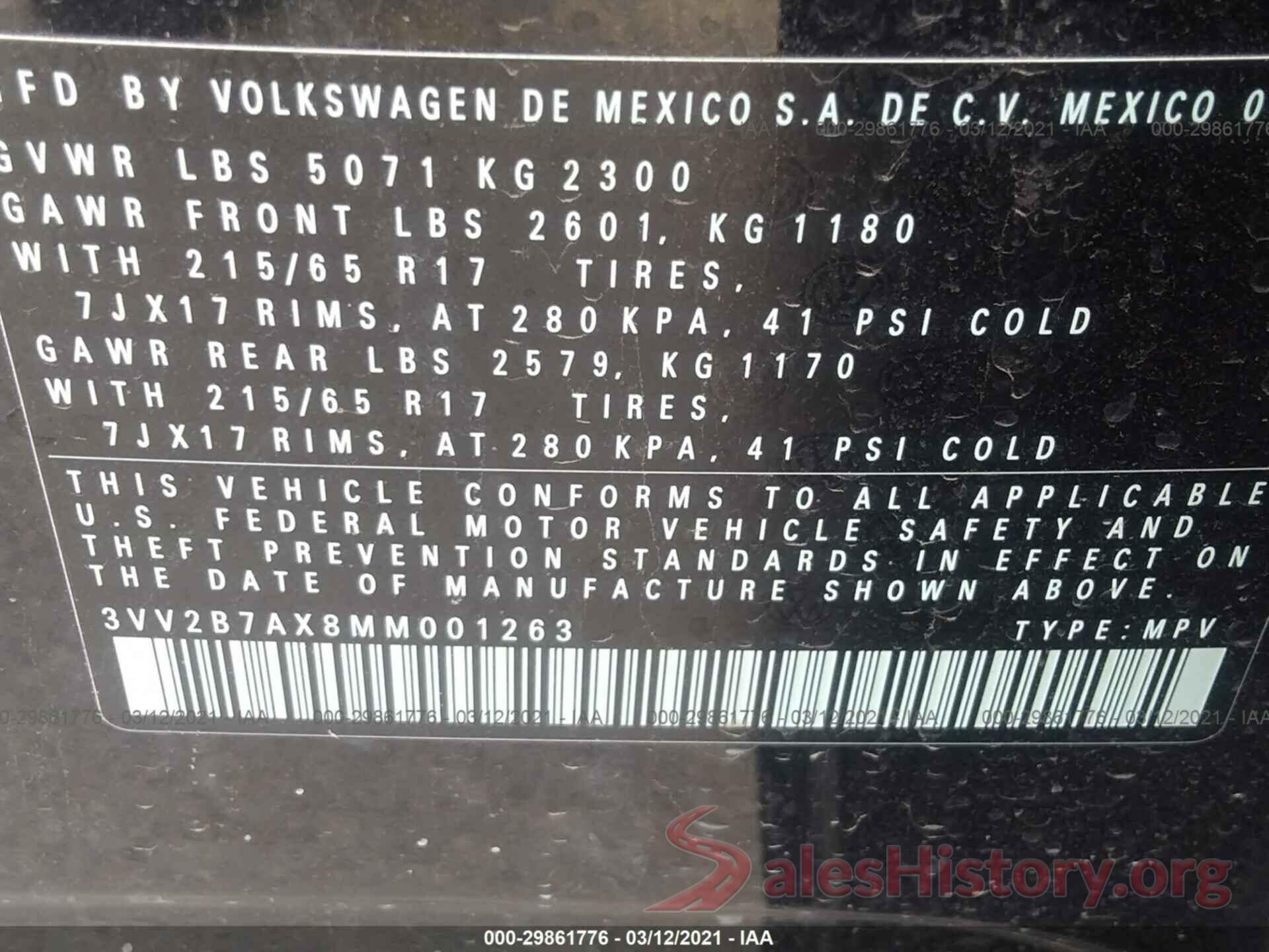 3VV2B7AX8MM001263 2021 VOLKSWAGEN TIGUAN