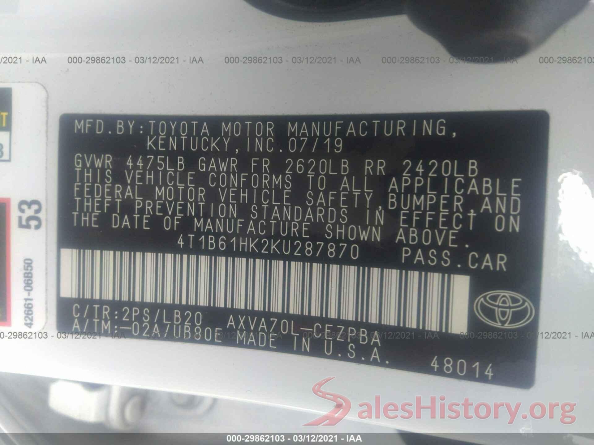 4T1B61HK2KU287870 2019 TOYOTA CAMRY